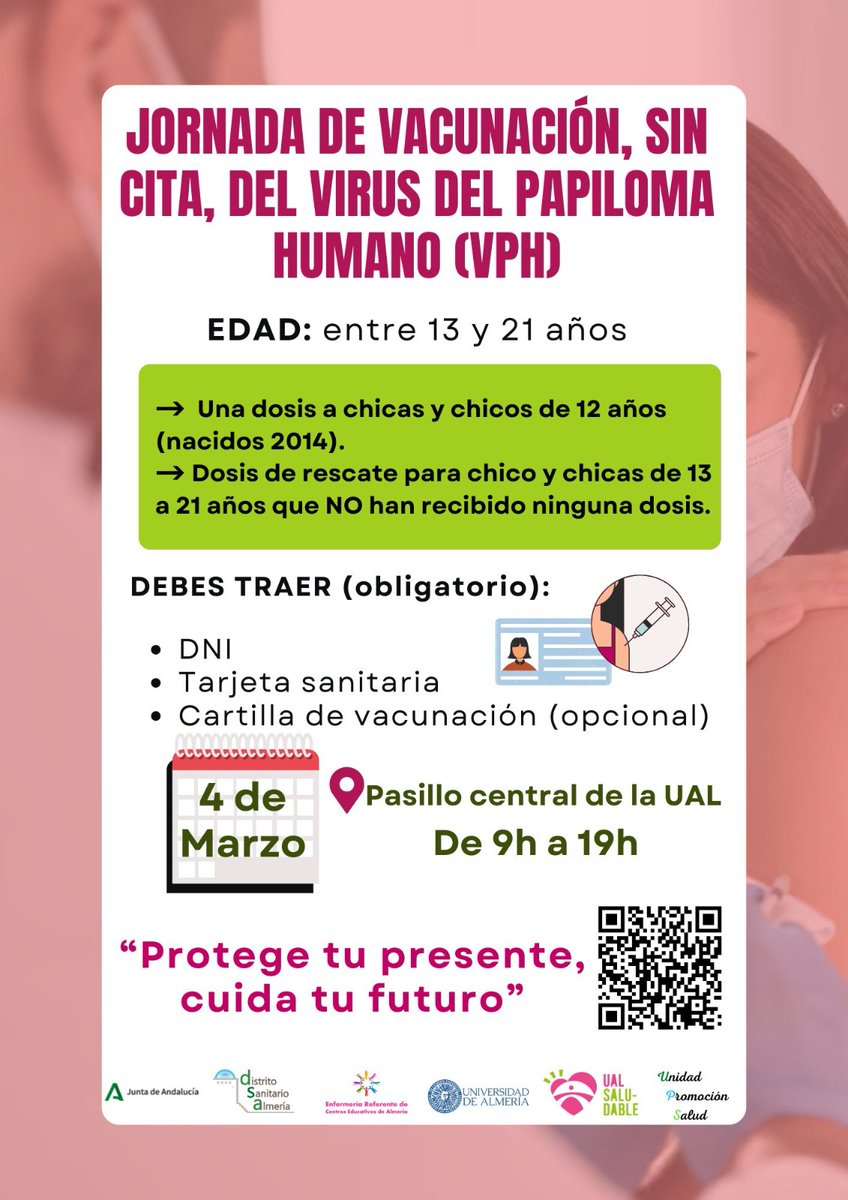 DAPAlmeria's tweet photo. Nueva jornada de #vacunación SIN CITA previa contra el #VirusdelPapilomaHumano. Profesionales de Enfermería del @DAPAlmeria en colaboración con el Secretariado Campus Saludable de la @ualmeria, estarán vacunando e informando en la Ual el 4 de marzo.
¡Os esperamos! https://t.co/23pgBHtIC4