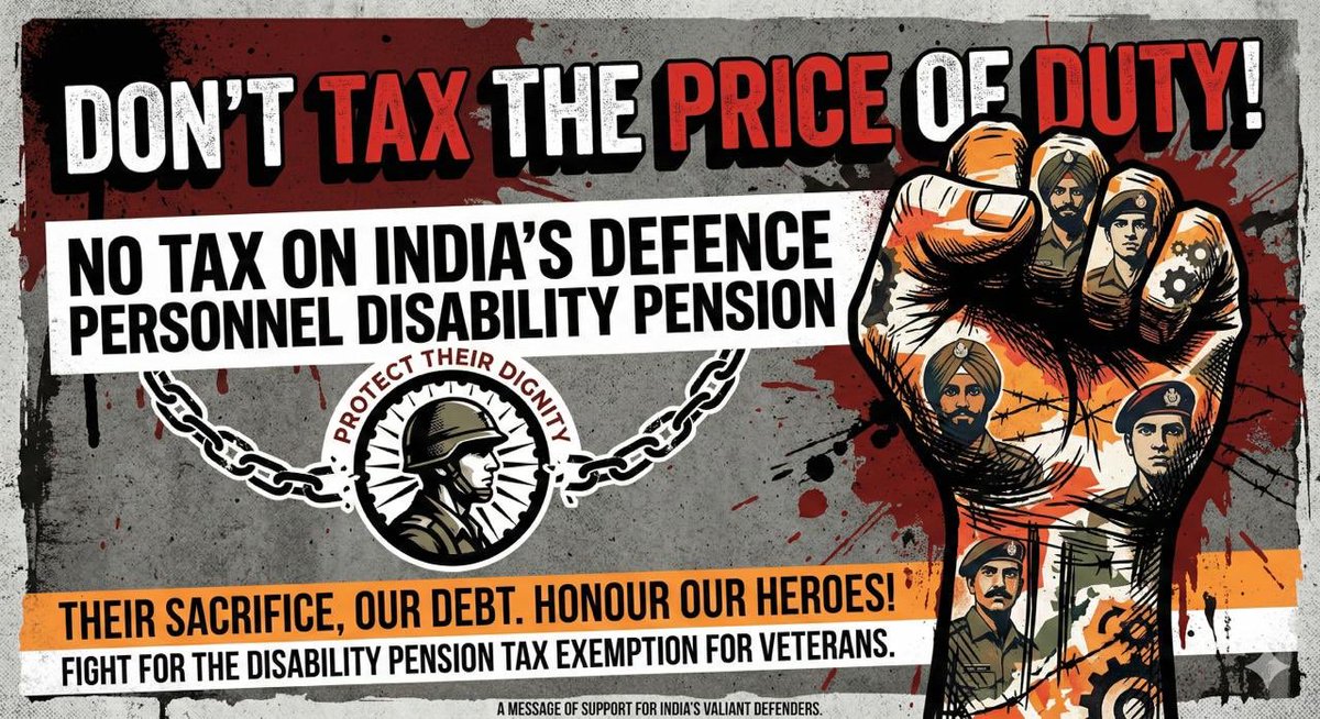 Jaswind67390736's tweet photo. #KeepDisabilityPensionTaxFree 

Our Armed Forces Leave no Stone Unturned in doing their best for the Country in War and Peace.They are the last Bastion for the Nation in Every Emergency.Don’t Humiliate them by Taxing their Disability Pension. JAI HIND 🇮🇳 https://t.co/l6b47KFd2f