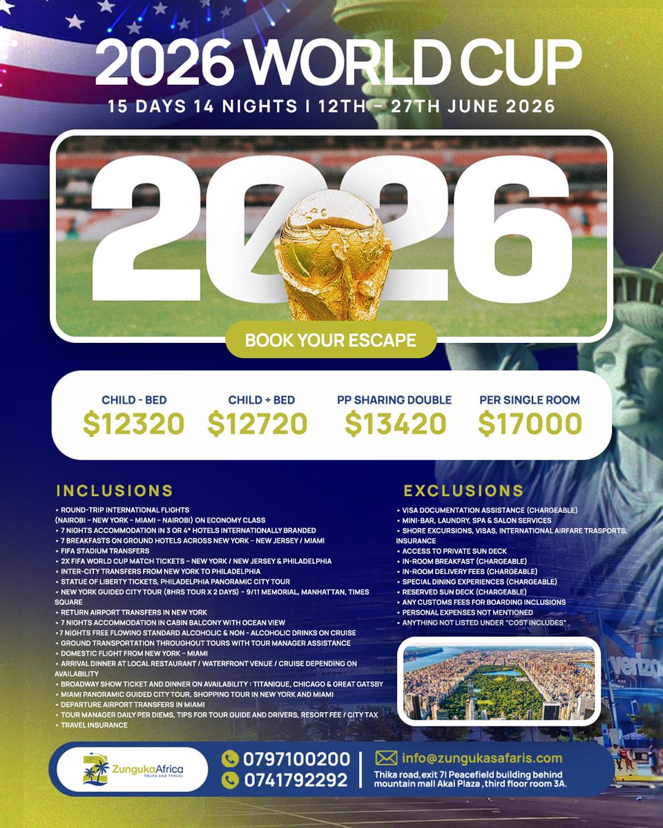 Don’t just watch the World Cup.
Be there when history is made.
Flights, accommodation, match experience — handled.
All you need to do is show up.

Book with us today :
📞0797100200/0741792292
📧info@zungukasafaris.com 

#ZungukaAfricaSafaris #zungukaexperience #worldcup#vacation