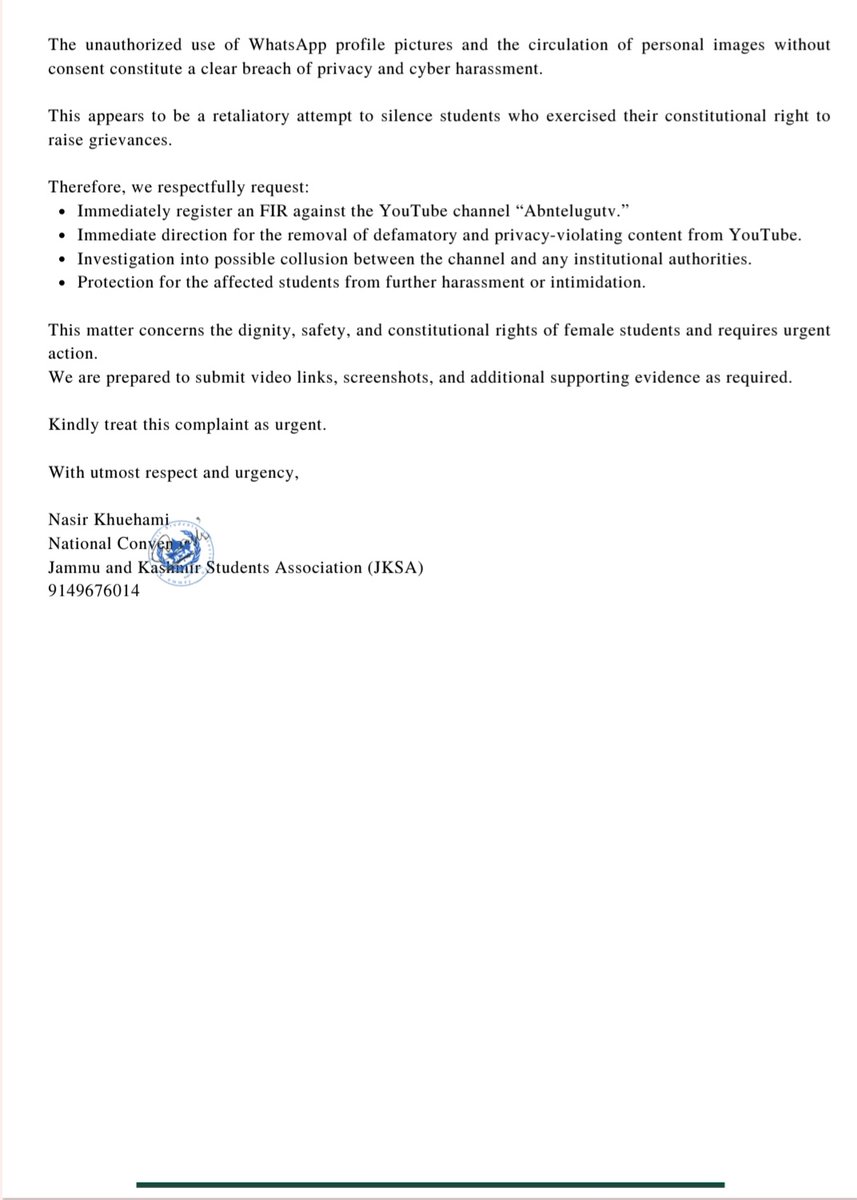JKSA has written to the SP Kurnool Andhra Pradesh, seeking immediate registration of an FIR against Abntelugutv channel for defamation, criminal intimidation, circulation of false information, and unauthorized publication of Kashmiri female students’ photographs. <a href="/PoliceKurnool/">Kurnool Police</a>