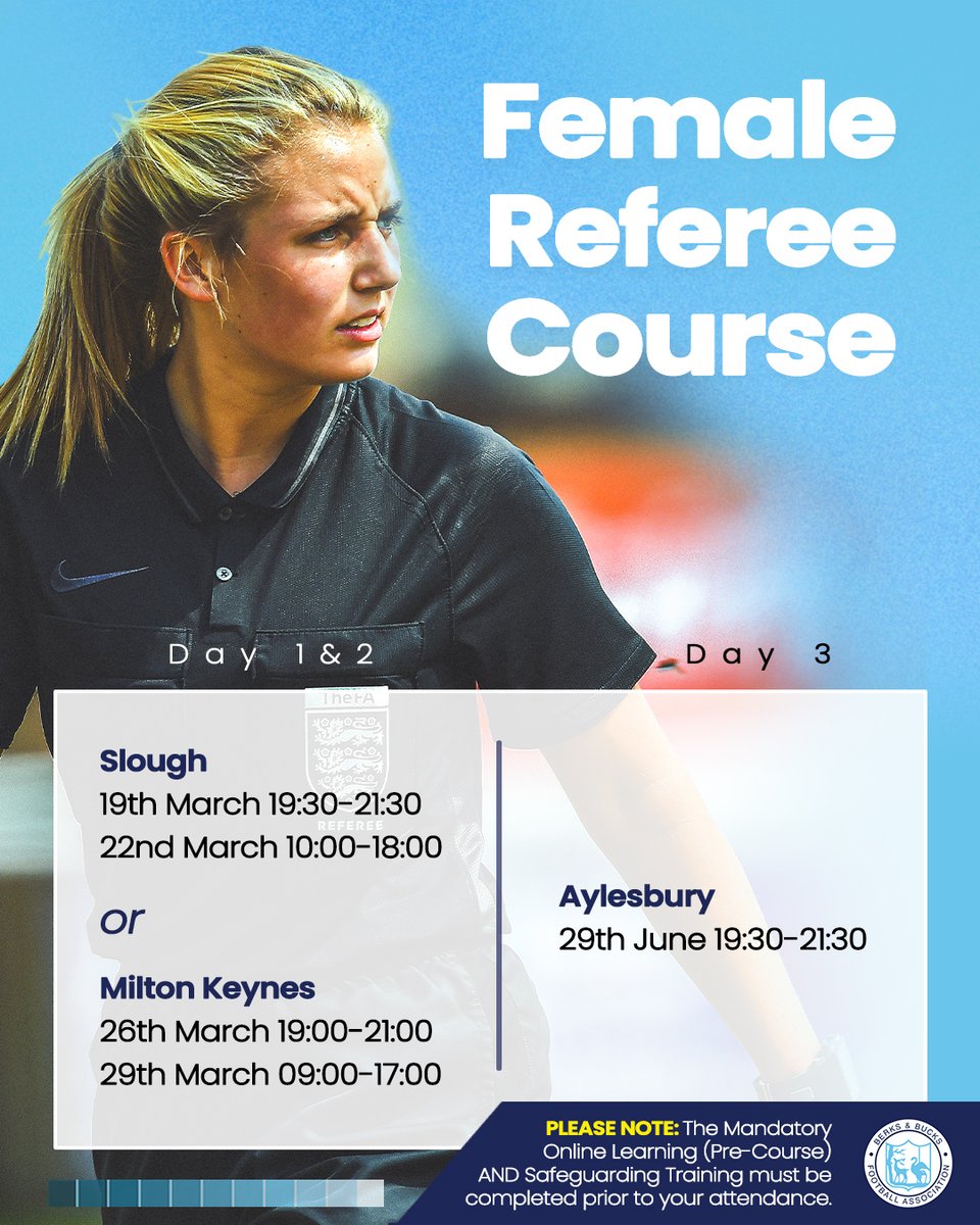 BerksandBucksFA's tweet photo. 📢 With #InternationalWomensDay coming up, DON'T MISS the chance to sign up to one of our Female Referee Courses!

If you're interested in enhancing your skills, and boosting your confidence, sign up here: https://t.co/SEntxL3apD https://t.co/F6xOB5uQ2B