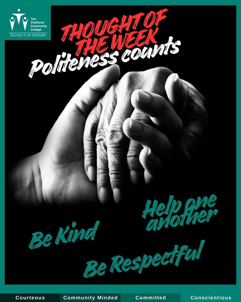 CCChalfonts's tweet image. Thought of the Week

Following our theme of Courtesy, we’re focusing on:

✨ Politeness Counts ✨

What does this really mean?
What does it look like in our school — and in our community?

Let’s show respect, kindness, and consideration in all we do. 

#Courtesy #SchoolValues