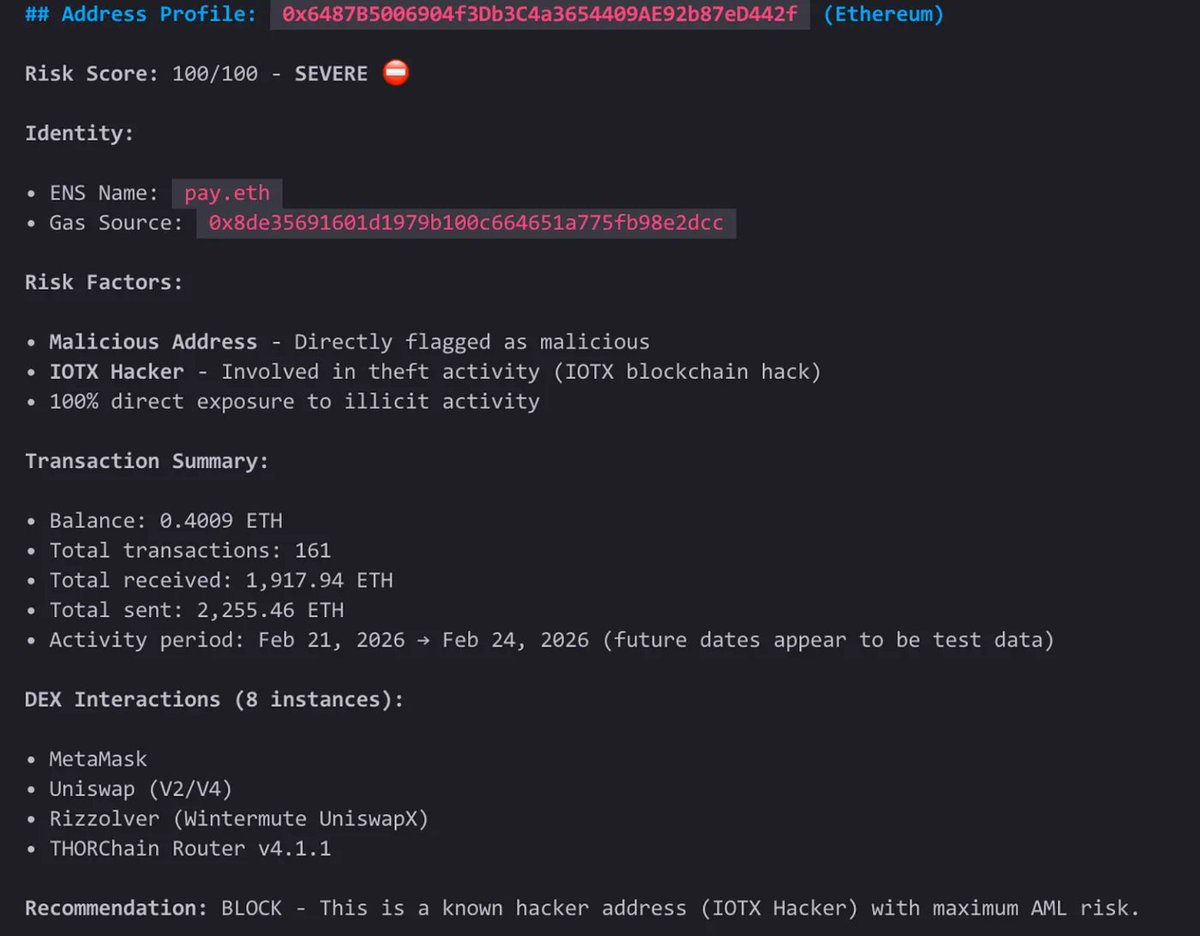 SlowMist_Team's tweet photo. 🚨 MistTrack Skills Released｜Empowering AI Agents with On-Chain AML Risk Analysis Capabilities.

 ⚠️ How can AI systems develop sound security judgment when executing on-chain transactions, analyzing crypto addresses, or handling digital assets?

In response, SlowMist has released MistTrack Skills — an AI Agent skill package built on the @MistTrack_io OpenAPI (indexing 400M+ addresses) for automated address risk analysis and AML compliance.

👉 https://t.co/6pyfkfEsUX

It enables AI Agents to:
🔹 Perform address and transaction risk scoring
🔹 Retrieve entity labels and behavioral profiles
🔹 Trace fund flows (inbound/outbound)
🔹 Analyze counterparties
🔹 Detect DEX / Exchange / Mixer exposure ratios
🔹 Run asynchronous deep-risk tasks
🌍 Supporting major blockchains including #Bitcoin, #Ethereum, #TRON, #Solana, #Toncoin and more.

MistTrack Skills integrates with leading AI Agent tools such as #OpenClaw and #ClaudeCode and works alongside wallet skills (like @BitgetWallet or @TrustWallet) to ensure AML screening becomes a background process, automatically triggered before any transfer is finalized.

⚠️ Why It Matters: MistTrack Skills makes address-level security a default feature, protecting your assets from sanctioned entities and hacker wallets.

🛠️ How to Use MistTrack Skills?
1️⃣ Installation: npx skills add slowmist/misttrack-skills
2️⃣ Set the environment variable (recommended): export MISTTRACK_API_KEY=your_api_key_here
3️⃣ See SKILL[.]md for full API documentation: https://t.co/dzRMBXxvjC

✨Once configured, your AI Agent can handle prompts like:
"Check the risk score for this ETH address."
"Analyze the fund origins of this BTC wallet."
"Is this transaction safe to execute?"

Ready to empower your #AI Agents with on-chain security? Use MistTrack Skills today and start building safer, smarter workflows.

 🔗 Read the full technical breakdown and integration guide:
https://t.co/KcCljB8Z8Z