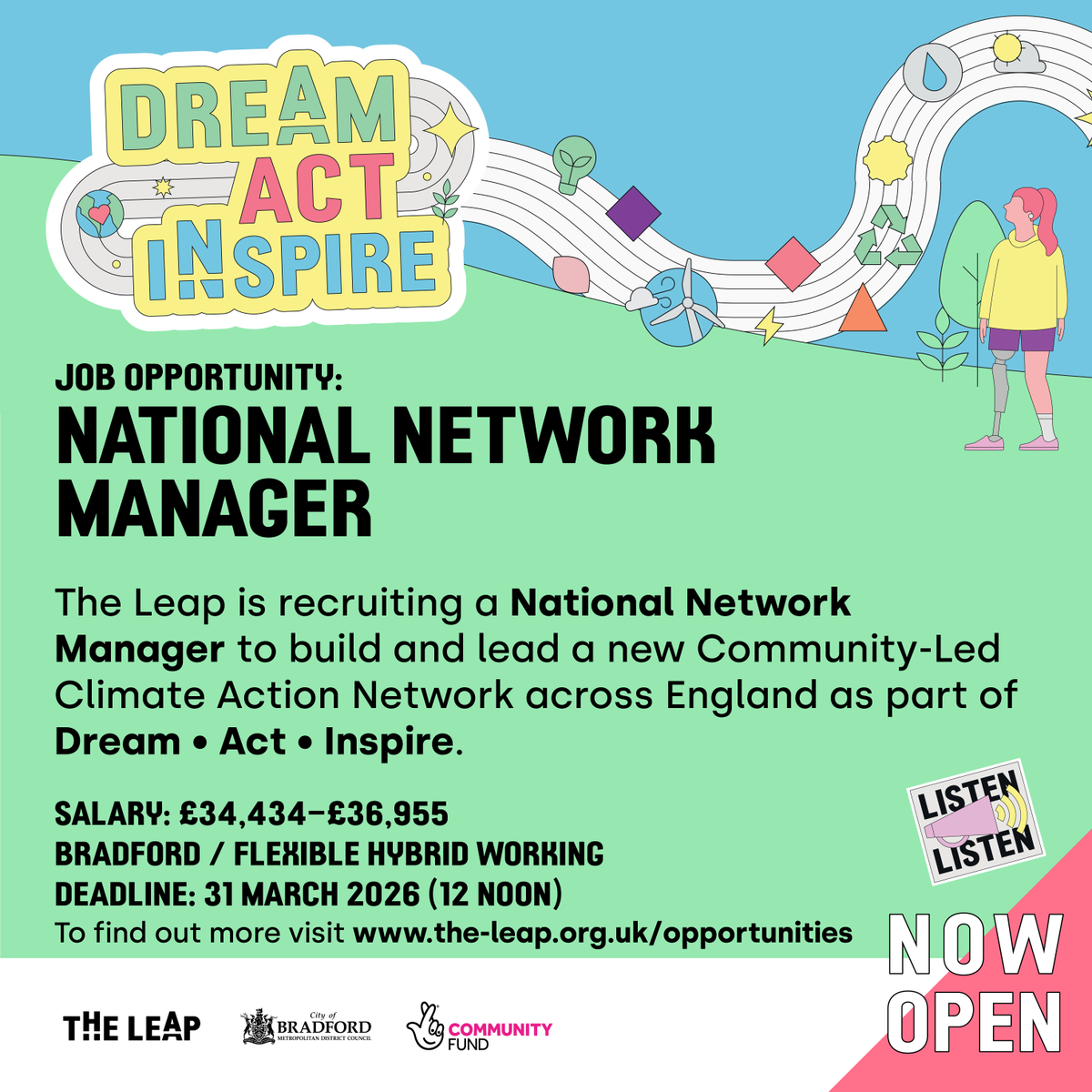 theleapBD's tweet photo. 📣 We’re hiring: National Network Manager

The Leap is recruiting a National Network Manager to build and lead a new Community-Led Climate Action Network across England as part of Dream Act Inspire.

💷 £34,434–£36,955
📍 Bradford / flexible national working
📅 Deadline: 31 March 2026 (12 noon)

More info: https://t.co/5UMSEUun5t

#theleapBD #ClimateJobs #CommunityLed #NetworkManager #SocialJustice
