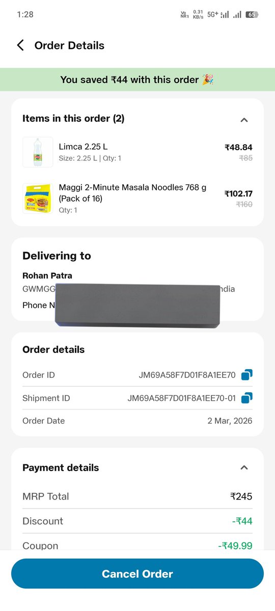 Rohan_Patra_'s tweet photo. @JioMart_Support  
I placed an order yesterday around 6 PM, but it has not been delivered yet. The expected delivery time has already passed.
Kindly check the status of my order and let me know when it will be delivered. Please resolve this issue as soon as possible. https://t.co/MVoHnNRfUd