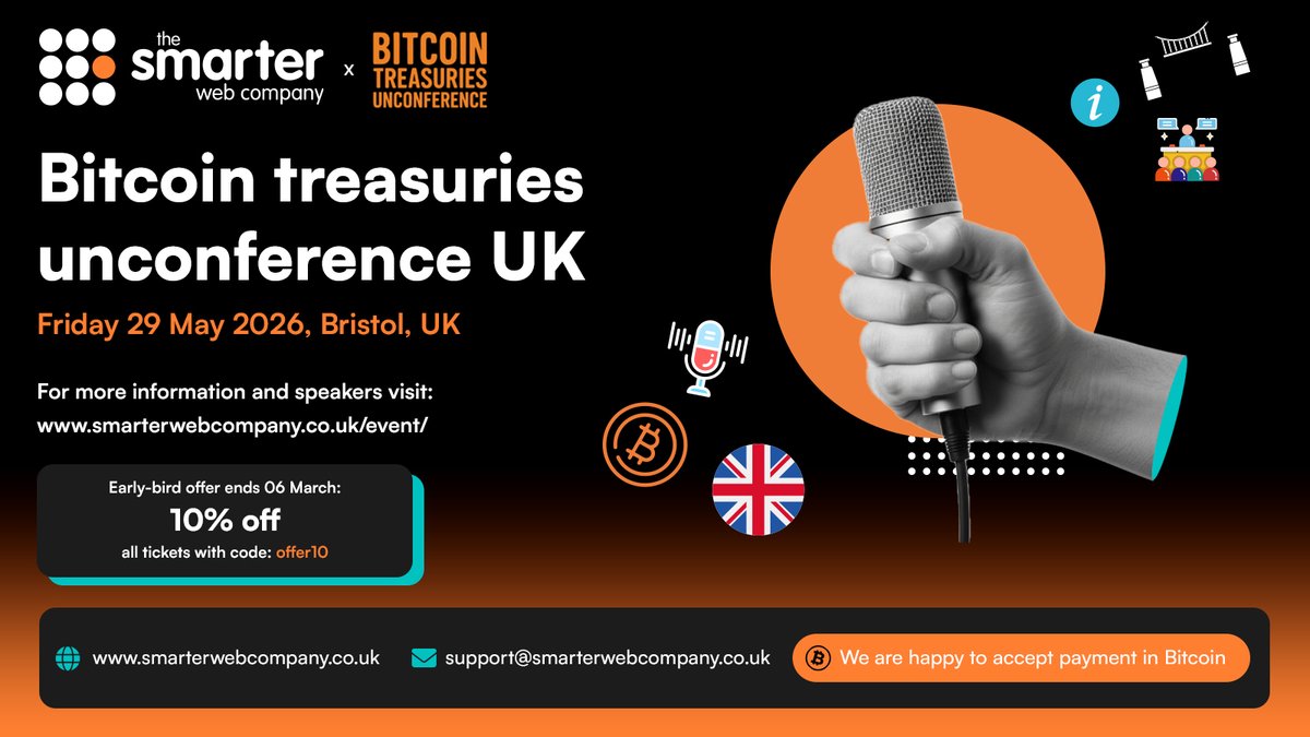Bitcoin treasuries unconference UK: early bird ticket discount ending soon.

Buy tickets for the Bitcoin treasuries unconference UK with a 10% discount until Friday 06 March.

Visit our website today to find out more or buy tickets (link in comments).

LSE: #SWC | OTCQB: $TSWCF |