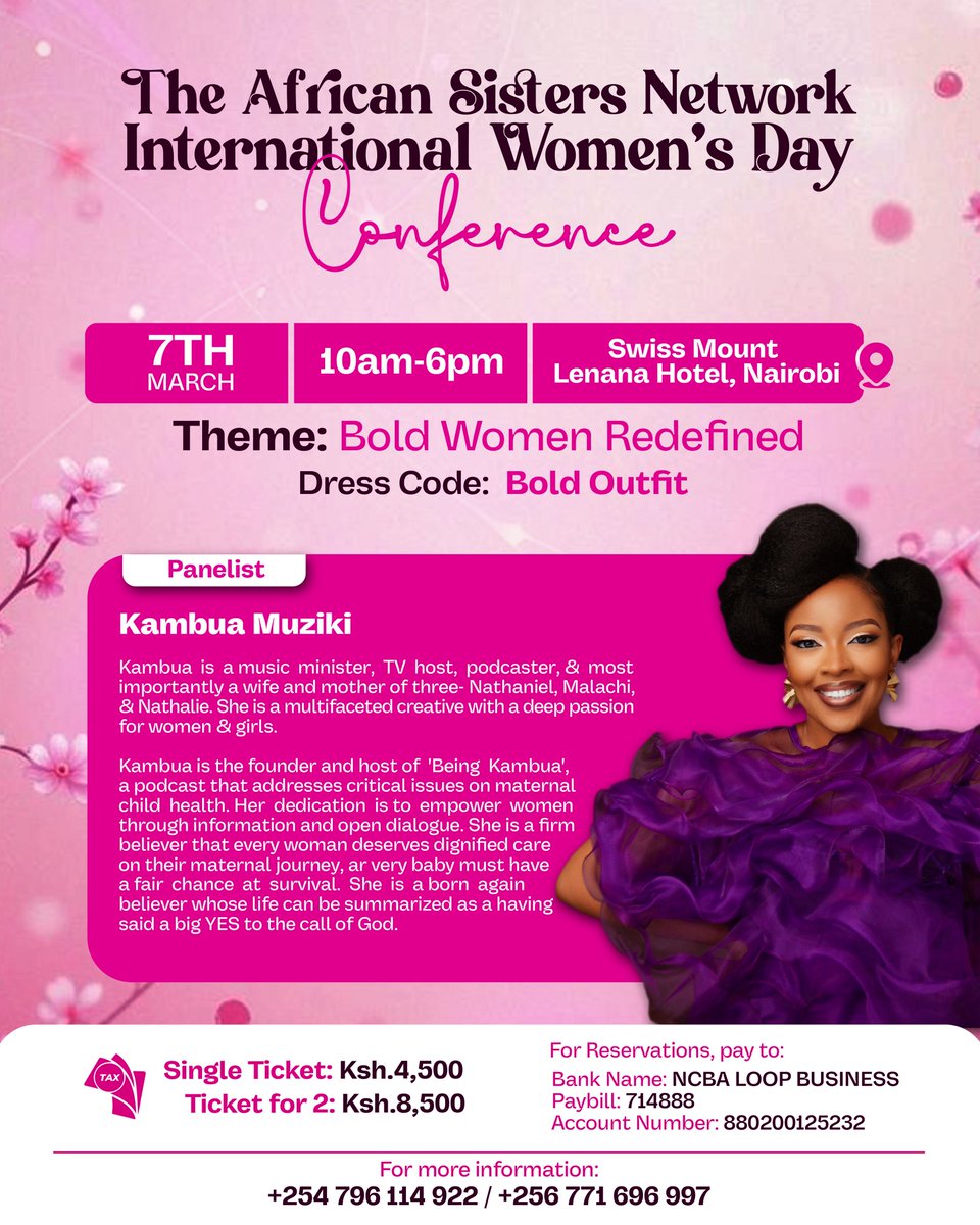 On 7th March, we are gathering women who understand that bold is not noise. 

It is clarity. It is conviction. It is alignment.

Featuring:
Kambua Muziki
Grace Shunet
Hosted by <a href="/lulu_rasugu/">rasugu_lulu_</a> 

Paybill: 714888
Account: 880200125232

Enquiries:
+254 796 114 922
+256 771 696 997