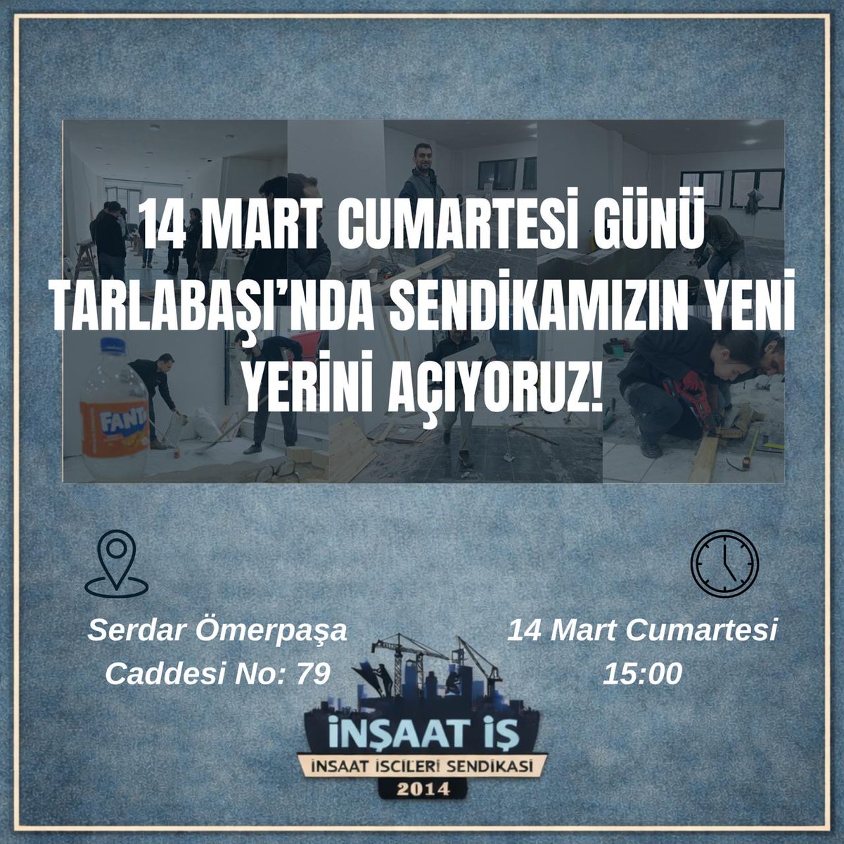 Tüm Üyelerimize ve Dostlarımıza Çağrımızdır…

Alınterimizle yoğurduğumuz harç, geçmişimizden bugüne taşıdığımız irade ve kolektif emeğimizle yükselen tuğlalar…

Birlik ve dayanışmamızın somut bir simgesi olan sendika lokalimizin kapılarını açıyoruz!

Taksim/Tarlabaşı’nda