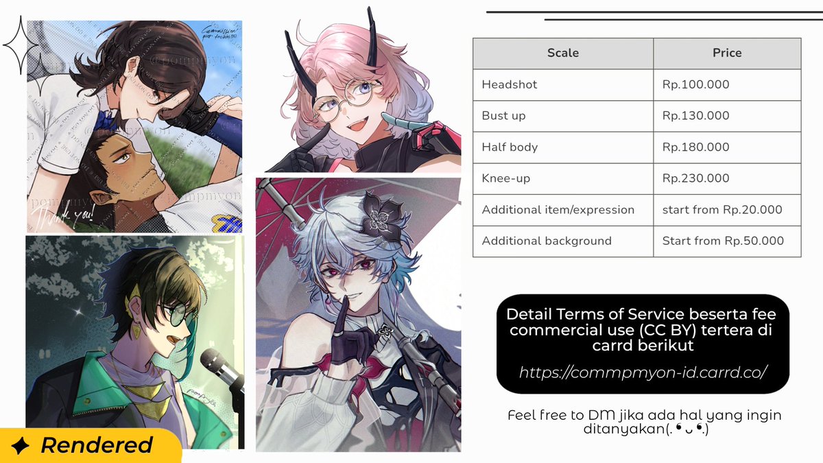 ✨ ♡ +↺are appreciated ✨

Halo! aku buka komis khusus 🇮🇩 only, dengan slot;
- Rendered: 3 Slot
- Simple colored sketch: 2 slot

ToS dan info lain bisa dicek lebih lanjut di carrd (info slot akan diupdate di thread di bawah ini)
Boleh langsung DM untuk klaim slot! Thank you ✨