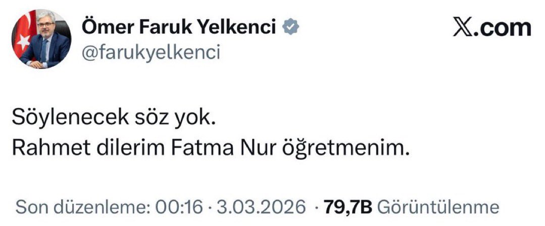 İstanbul’da bir okulda 17 yaşındaki bir öğrenci tarafından öldürülen öğretmen Fatma Nur Çelik’in katledilmesine ilişkin Milli Eğitim Bakan Yardımcısı Ömer Faruk Yelkenci’nin tepkisi.!! :

“Söylenecek söz yok. Rahmet dilerim Fatma Nur öğretmenim.”