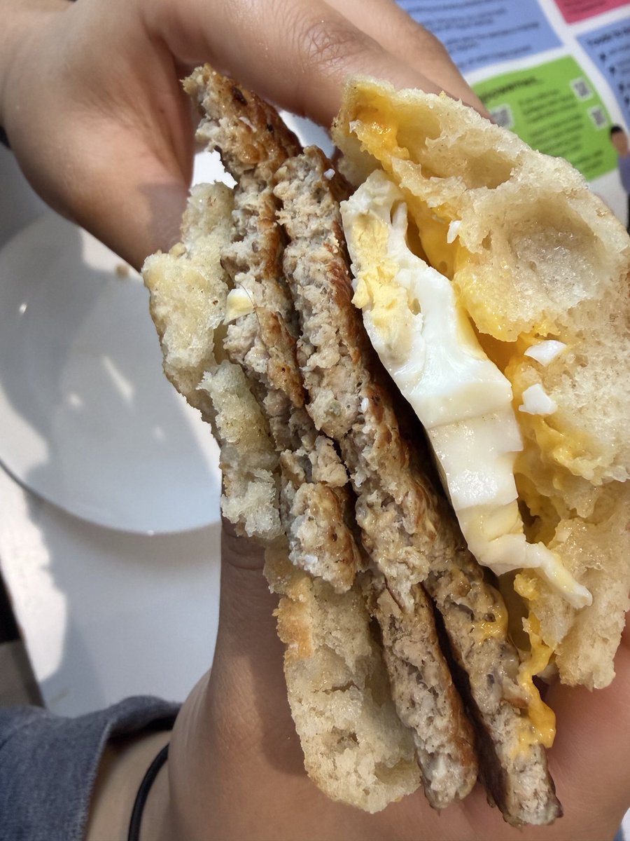 Monica89's tweet photo. @McDonalds @McDonaldsUK my double sausage egg McMuffin has a hair in the sausage patty 🤮 https://t.co/7iUEgx3cng