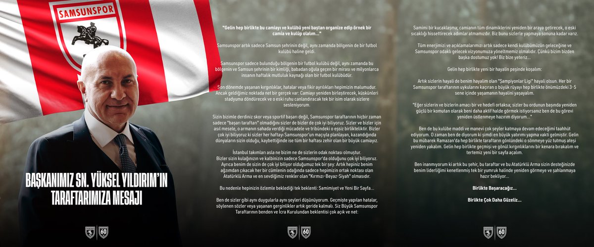 Samsunspor's tweet photo. Başkanımız Sayın Yüksel Yıldırım'dan birlik ve beraberlik mesajı 🔴⚪️

@YY_Samsun 

#Samsunspor #AtatürklüArma #YükselYıldırım https://t.co/0ApXlN84ui