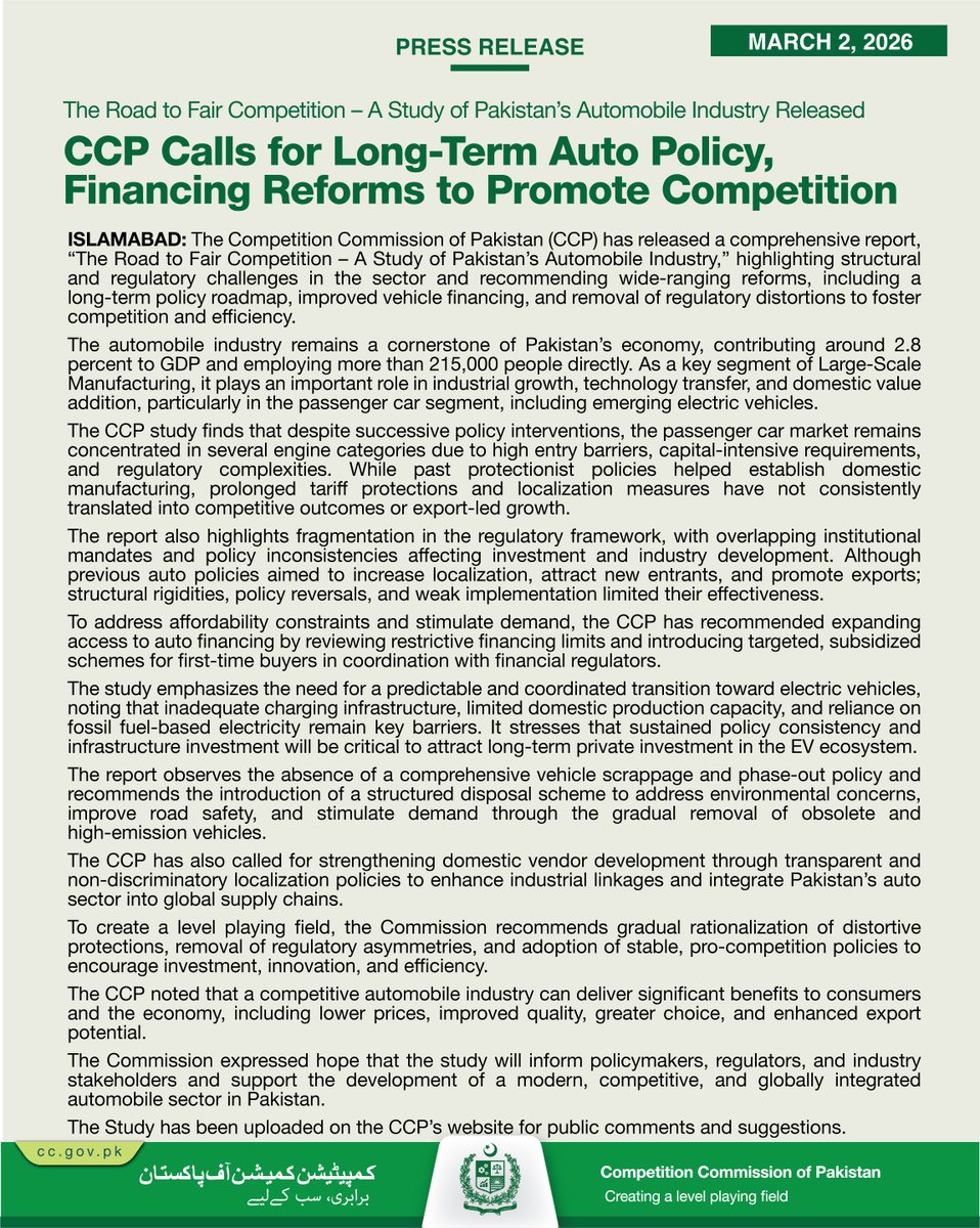 CCP has released a comprehensive report, “The Road to Fair Competition – A Study of Pakistan’s Automobile Industry,” highlighting structural and regulatory challenges in the sector and recommending wide-ranging reforms #FairCompetition #PolicyReform #AutoIndustryPakistan #CCP