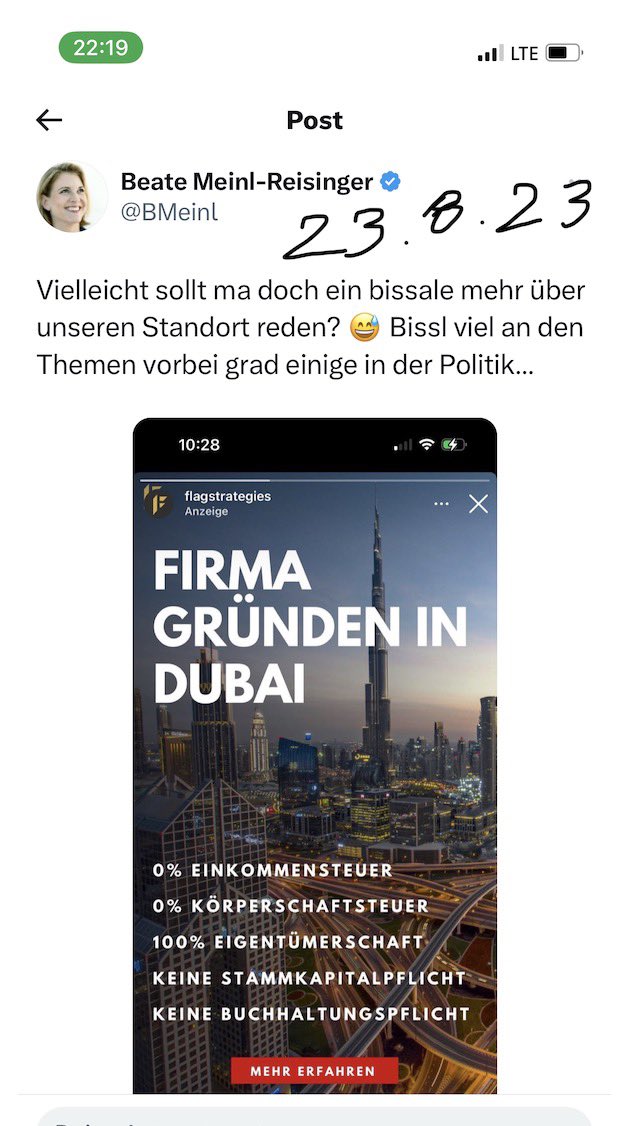 @BMeinlfindet 0%  Steuern super und bezieht ihr Einkommen vom Staat der sich über Steuern finanziert. Wer richtet ihr aus, dass sie die Einkünfte vom Staat dafür benutzt, die Gleichgesinnten aus Dubai auszufliegen? <a href="/neos_eu/">NEOS - Die Reformkraft</a> Hat Sepp die 1,5 Millionen Förderungen zurück bezahlt?