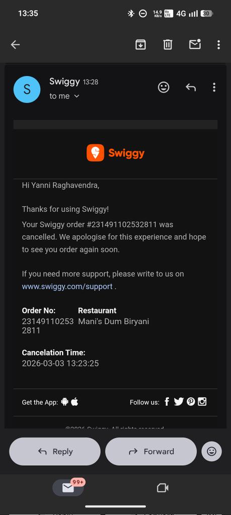captiotusrex36's tweet photo. Had a very unpleasant experience with @Swiggy today, they show the ETA to be 30mins and after 1hr of placing order still the food isn't delivered and the order gets cancelled and ask me to wait again on the replacement order
The customer service also is very irresponsive. https://t.co/UclUG2PyIq