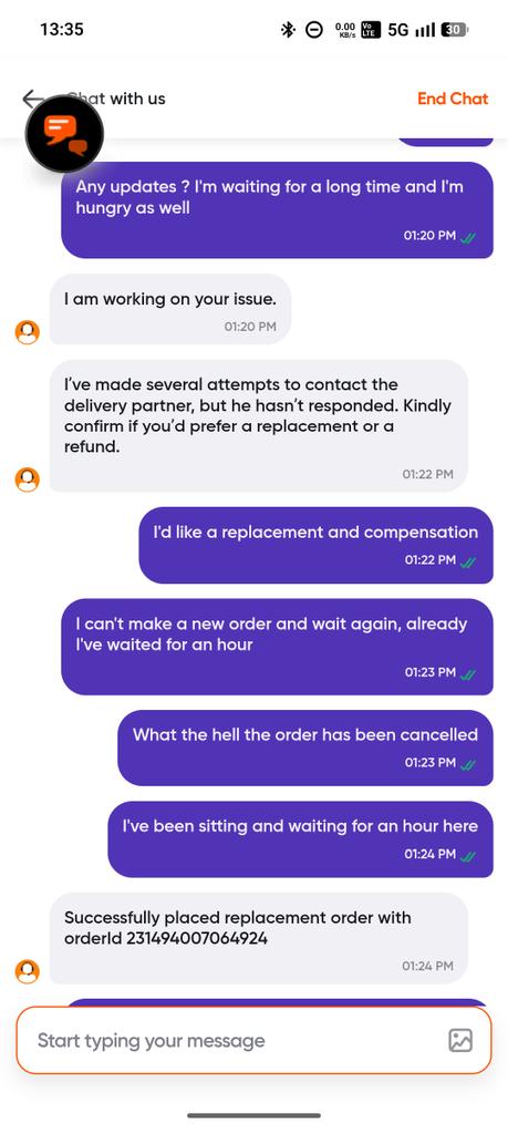 captiotusrex36's tweet photo. Had a very unpleasant experience with @Swiggy today, they show the ETA to be 30mins and after 1hr of placing order still the food isn't delivered and the order gets cancelled and ask me to wait again on the replacement order
The customer service also is very irresponsive. https://t.co/UclUG2PyIq