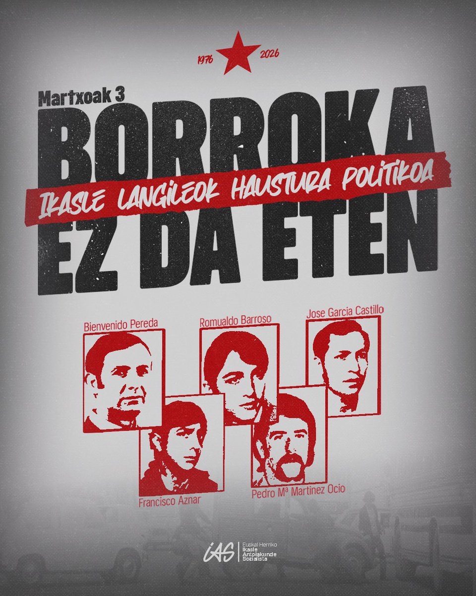 IASozialista's tweet photo. 𝐌𝟑 - 𝑩𝑶𝑹𝑹𝑶𝑲𝑨 𝑬𝒁 𝑫𝑨 𝑬𝑻𝑬𝑵

Gaur, 50 urte bete dira polizia frankistak bost langile erail eta ehunka zauritu zituenetik, Gasteizko langileria antolatuaren borroka itzaltzeko asmoz. Greba hura eredu, ikasleoi borrokan jarraitzea dagokigu.

11:30etan Virgen Blancatik! https://t.co/RAeeZOPnZU