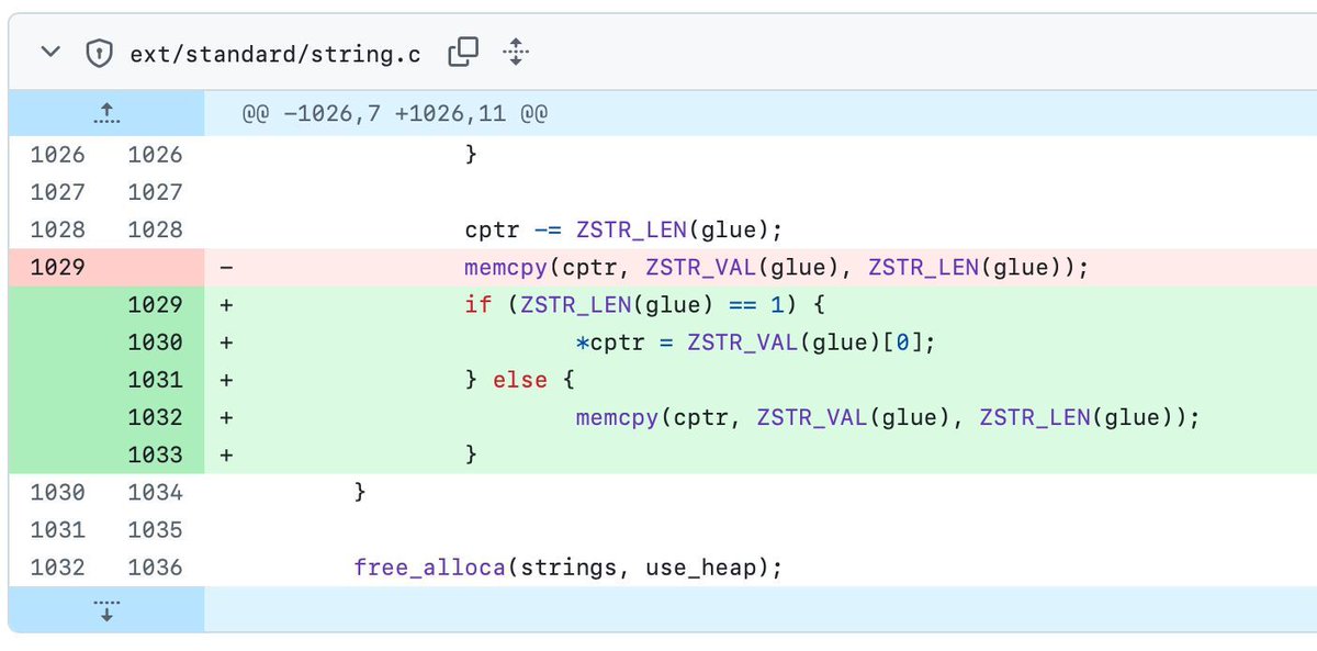 Micro-optimization in #PHP 8.5: fast-path for implode() when the separator is a single character.

It’s a tiny change in ext/standard, but given how hot this path is in real-world apps, it’s far from negligible.

Always fun to optimize hot-paths right inside the engine.