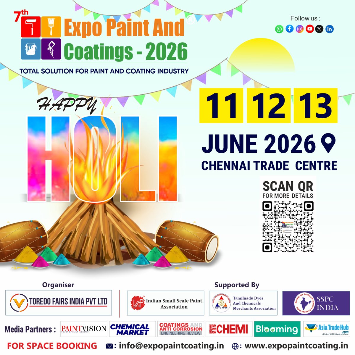 expopaintcoatng's tweet photo. ✨Happy Holi!🌸Celebrate colors, creativity &amp; innovation with us at the 7th Expo Paint &amp; Coatings 2026 📍 Chennai Trade Centre | 11–13 June 2026 #expopaintandcoatings2026 #epc2026 #innovation #expopaint #toredofairs #paintexpo #coatingexpo #chennai #tamilnadu #paintevent @coating https://t.co/oazYLdAwZq