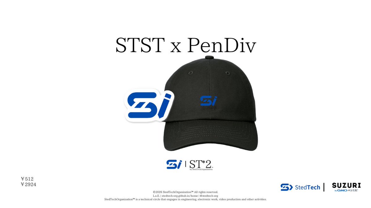 stedtechorg's tweet photo. 【StedTechAnnouncement📢】
新商品のお知らせ🔎
ーSTST x PenDivー
　・ステッカー
　・キャップ

↓↓↓
https://t.co/YJpWbOYZo5

#StedTechOrganization #STx2 https://t.co/nHyxVzkL8X