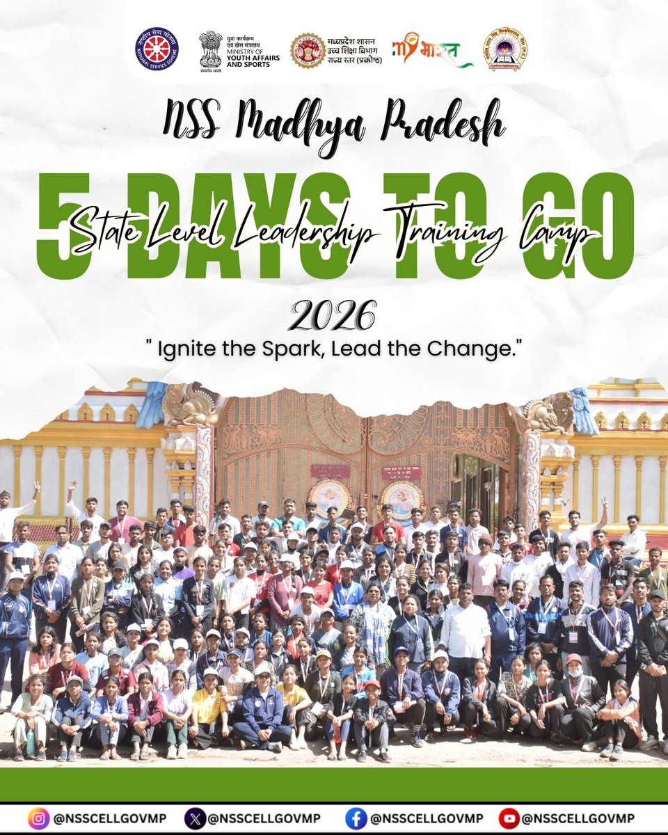 NSSCELLGOVMP's tweet image. 5 Days to Go! 

Just 5 days left for the NSS State Level Leadership Training Camp 2026** at Chitrakoot!
Pack your enthusiasm, confidence, and commitment — because Chitrakoot awaits future leaders!

#NSS2026 #LeadershipCamp #5DaysToGo #Chitrakoot #NSSStateCamp