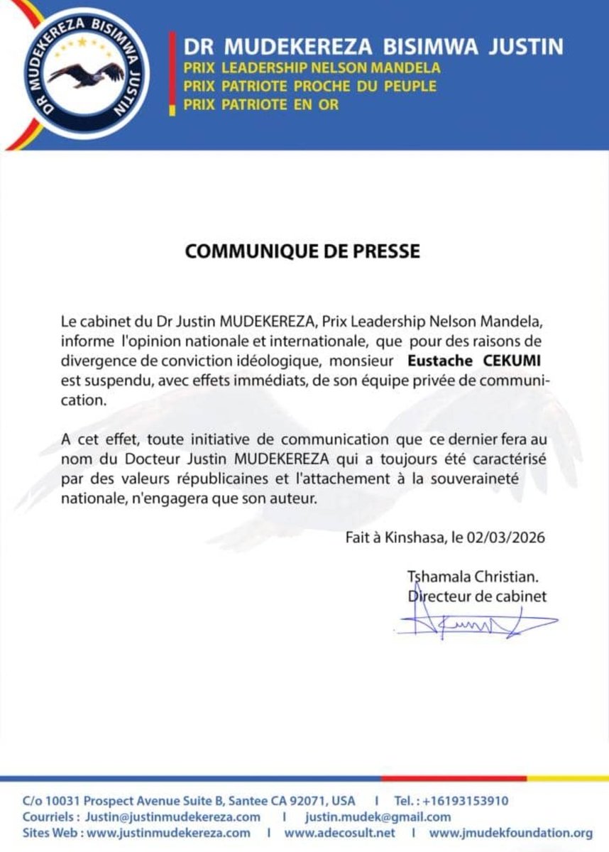 mickshady's tweet photo. Le cabinet du Dr Justin MUDEKEREZA, 
informe l'opinion nationale et internationale, que pour des raisons de
divergence de conviction idéologique, monsieur Eustache CEKUMI
est suspendu, avec effets immédiats, de son équipe privée de communi-
cation.#KINSHASA #hautkatanga https://t.co/mNTxGiGg7E