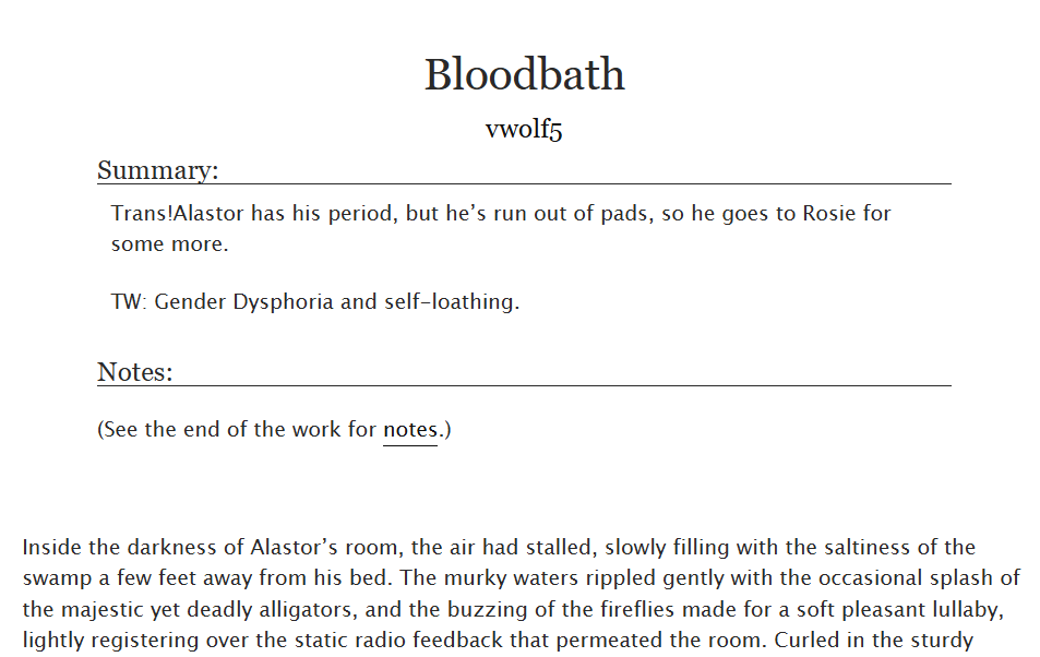 New #hazbinhotel fanfic! This one with Trans!Alastor. I have another related One-Shot as a draft, so I made a series of this. However, my next goal is to post another radiodust chapter.
#hazbinhotelfanart #Hazbinhotelalastor #ao3