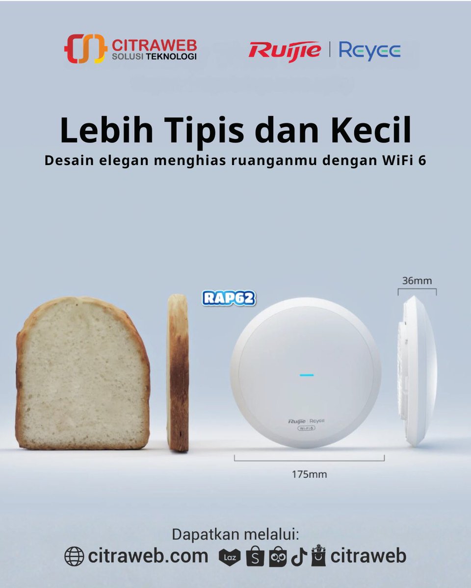 citraweb_com's tweet image. Ruijie Reyee RG-RAP62 hadir dengan lebih tipis dan kecil dengan desain elegan untuk menghiasi ruanganmu dengan teknologi #WiF6 AX1800 dual-band MU-MIMO untuk menangani lebih dari 100 klien secara bersamaan.
🛒citraweb.com/produk/1364/

#RuijieReyeeAPAC #CeilingAccessPoint #RGRAP62