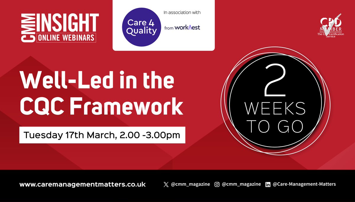 cmm_magazine's tweet image. Bookings are open for the next #CMMInsight Webinar in association with @WorkNestGroup 
Do you know what good leadership really looks like to CQC inspectors — and how to evidence it?
Join our host, former CQC inspector Julie Walton for a practical session on:
 ✔ What Well-led