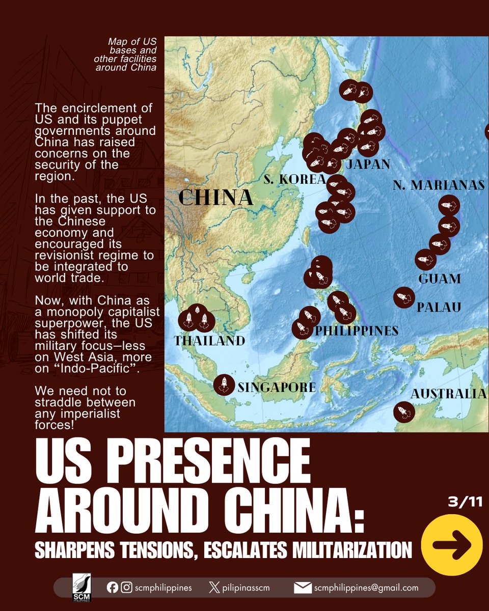 SCMPhilippines's tweet photo. BASE NG KANO, UMAAKIT NG GULO!

Amidst US-Israel imperialist aggression vs Iran, we delve into how and why US presence, especially around its adversaries, foments the atmosphere of war.

US Imperialist, No. 1 Terrorist!
#DownWithImperialism
#JunkEDCA 
#JunkVFA 
#MarcosTuta 

1/3 https://t.co/uGMlp8uTbo