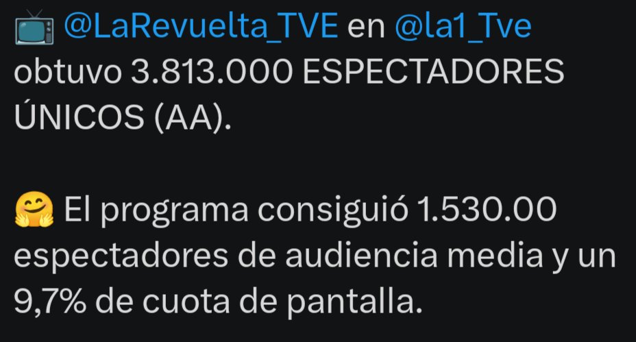 MafaldaShreck's tweet photo. #YoMeRebelo3M
El fútbol manda y ayer el acces volvió a ser pobre pero fijaros bien que @LaRevuelta_TVE gana en espectadores únicos y que lo separa de @El_Hormiguero por solo 73000 sin embargo hay 2,6Puntos de diferencia en share ,#DecoMaster filtrado el ganador se hundió 👀👇 https://t.co/6TdC0uPvPC