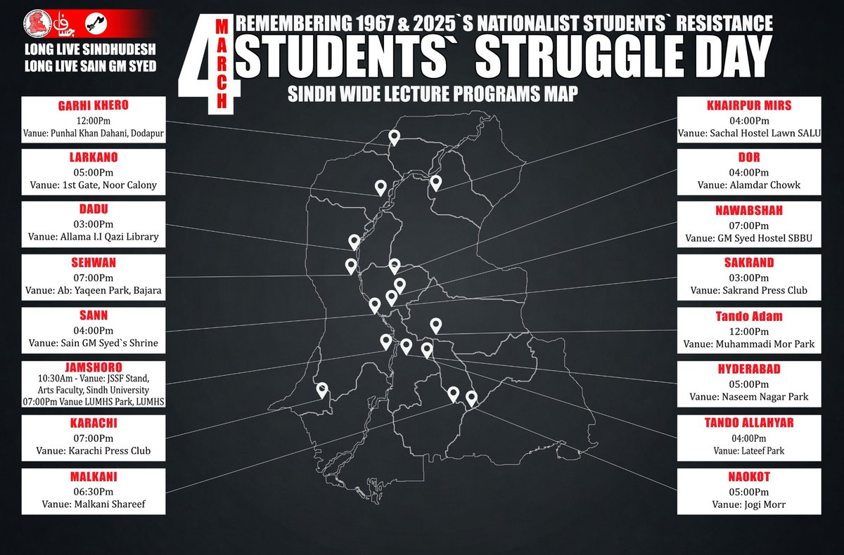 Sindh-wide lecture programs by JSSF, titled Nationalist Students’ Politics: From Activism to History. 

We invite comrades, allies, and all segments of nation to join our circle in your city.