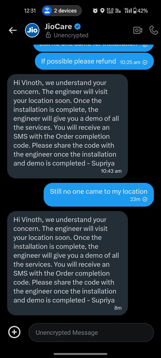vinothyang's tweet photo. @JioCare still issue not solved DM from morning...very much disappointed 😞😞 https://t.co/aLhXWw1EFQ