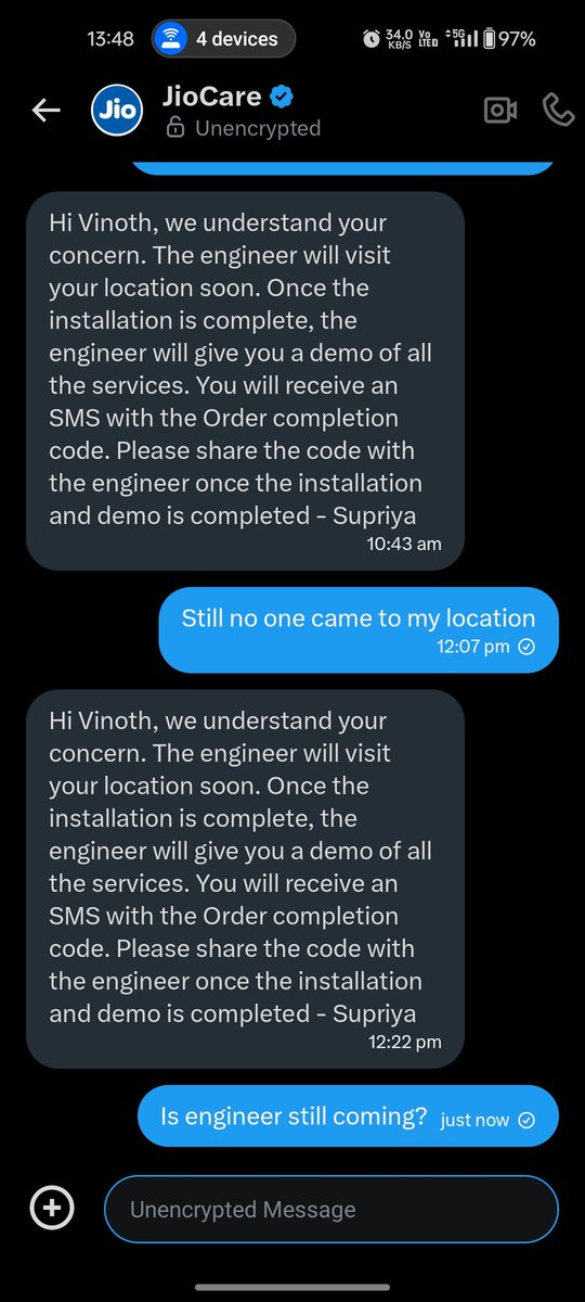 vinothyang's tweet photo. @JioCare still issue not solved DM from morning...very much disappointed 😞😞 https://t.co/aLhXWw1EFQ