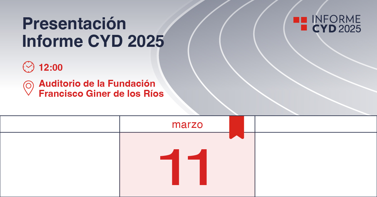 Fundacion_CYD's tweet photo. 📅El miércoles 11 de marzo a las 12:00 h celebraremos en Madrid la presentación del #InformeCYD 2025, un evento de referencia que analiza la contribución de las universidades al desarrollo económico y social.🏛️📊
📝 Inscríbete aquí👉https://t.co/kjQSPIRybG https://t.co/ORW8J9tbQR