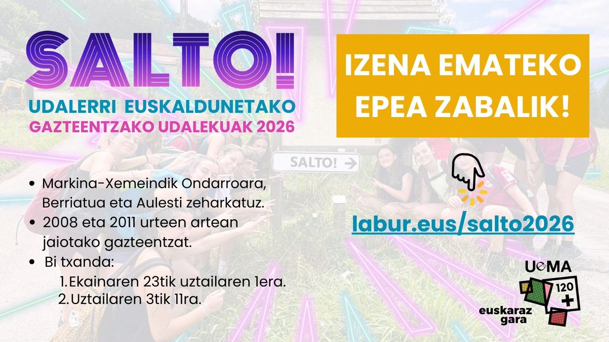 uema_eus's tweet photo. Zabalik da Salto! udalekuetan izena emateko epea
https://t.co/rDJpJUEbBn
Udalerri euskaldunetako gazteentzako udalekuak antolatu ditu aurten ere UEMAk, eta dagoeneko ireki da izena emateko epea. Martxoaren 31 arte izango da zabalik https://t.co/zdMe99u9uk
