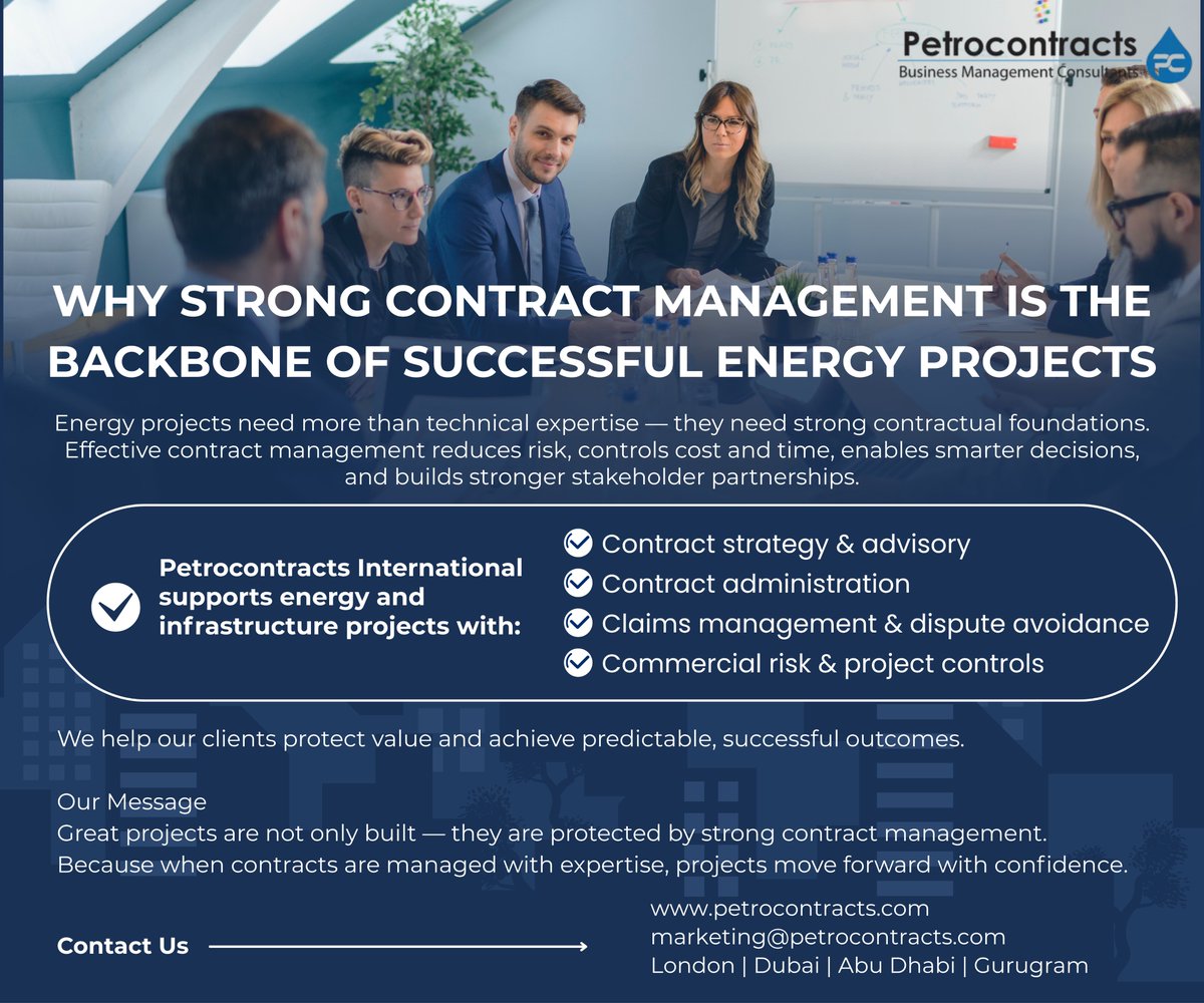 PetrocontractsI's tweet photo. Energy projects are complex, capital-intensive, and high-risk. What keeps cost, schedule, and responsibilities aligned?
👉 Strong contract management.
Discover how effective contract management drives clarity, control, and success in energy projects.
#EnergyProjects https://t.co/pI1epcQbIO