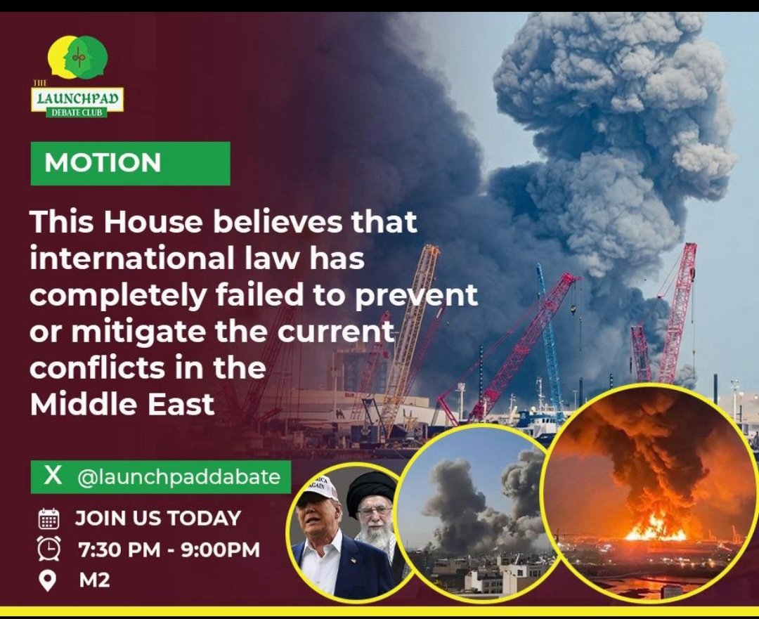 KNsamuye's tweet photo. When bombs speak louder than treaties, we must ask — has international law lost its power, or have world leaders lost their commitment to it? 
📌  Join us as we challenge the effectiveness of global justice in times of war. Your voice matters.
#Launchpaddebate https://t.co/axZVNCmWBK
