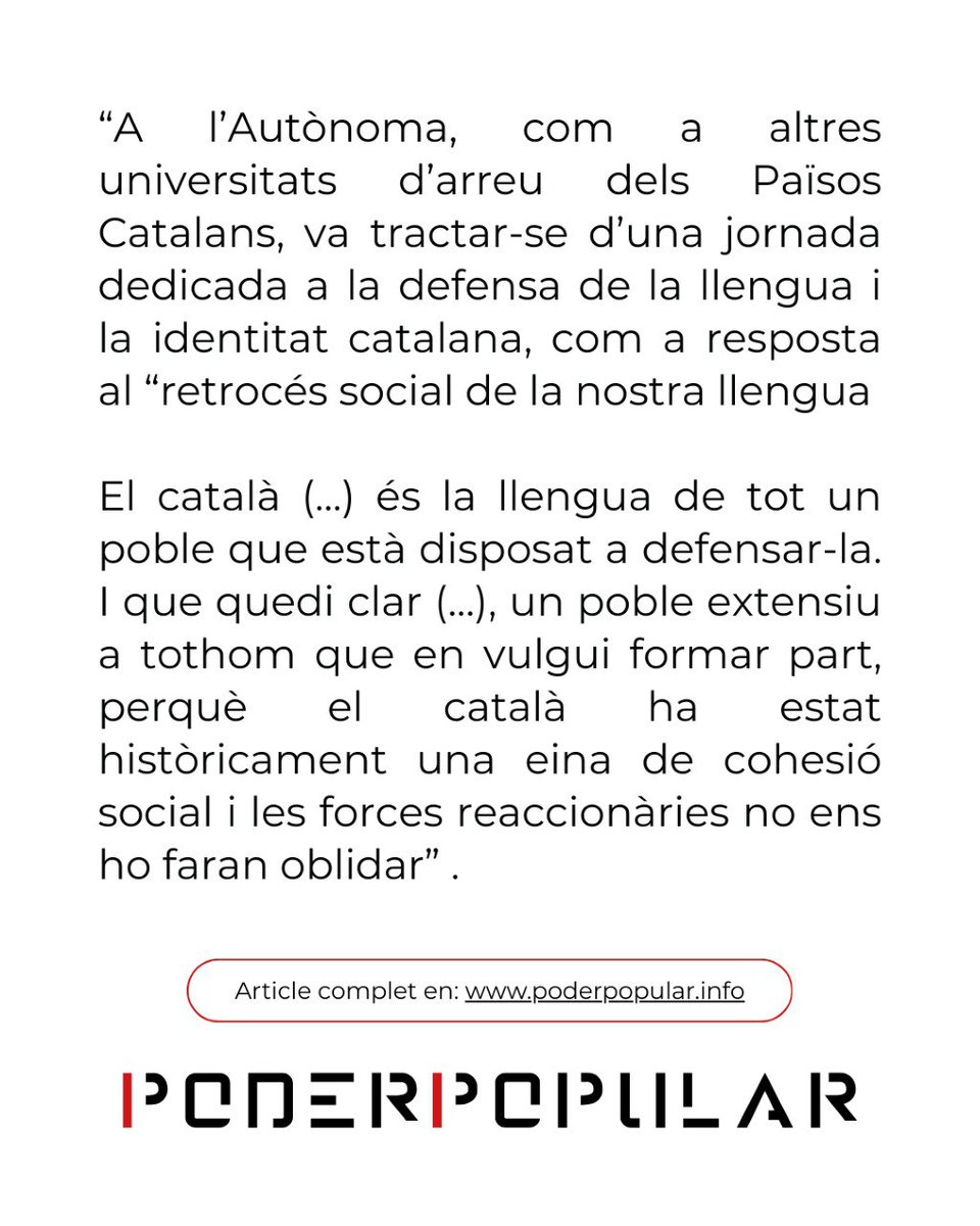 La darrera setmana el moviment estudiantil dels PPCC va impulsar el Correllengua Universitari.

Una jornada dedicada a la defensa de la llengua i una identitat catalana oberta com a resposta al retrocés social de la llengua.

✍️🏼 Diego Ancizar: poderpopular.info/2026/03/02/cor…