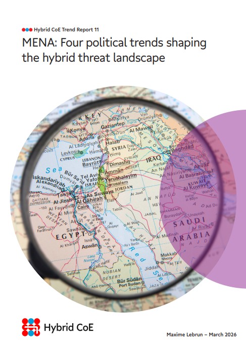 HybridCoE's tweet image. New #HybridCoE Trend Report discusses key trends in the #MENA region impacting the Euro-Atlantic #hybridthreat landscape: regime-society divides, Iran-Israel tensions (up to Aug 2025), strategic competition &amp;amp; the erosion of international law. 
Read more 👉hybridcoe.fi/publications/m…