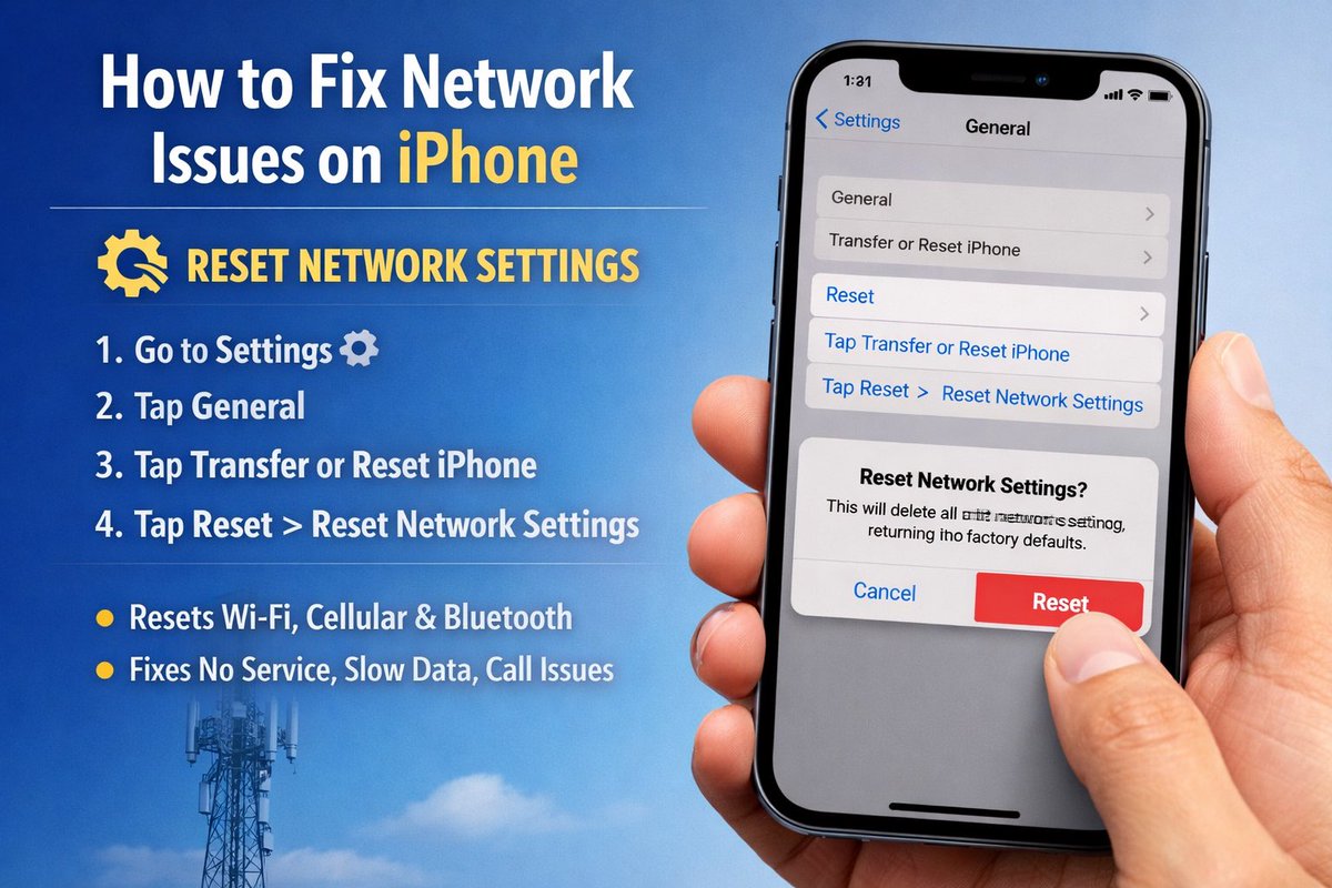 Key Steps to Fix iPhone Network

•Toggle Airplane Mode: Swipe 
down for Control Center, tap the airplane icon, wait 10 seconds, and turn it off.

•Reset Network Settings: Go to Settings > General > Transfer or Reset iPhone > Reset > Reset Network Settings. Note: This erases
