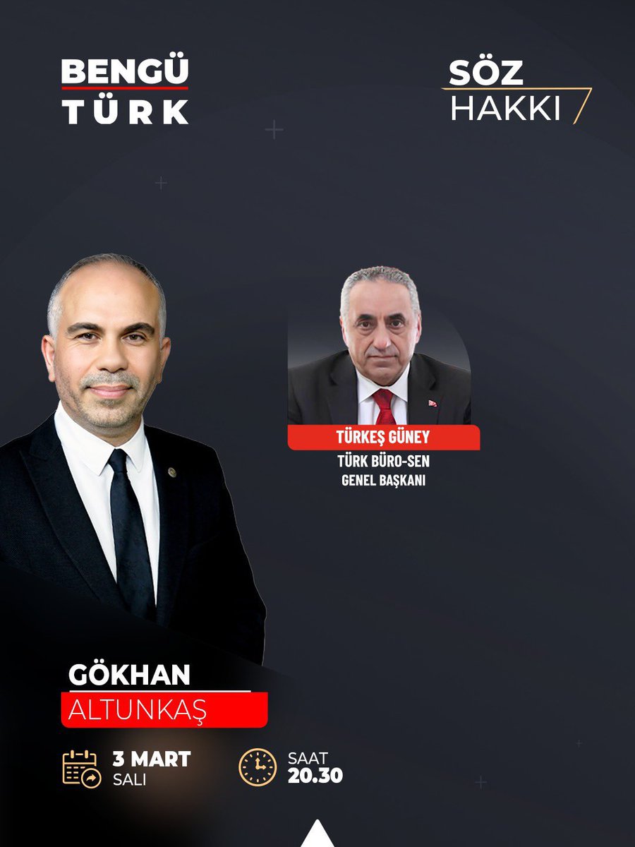 TurkBuroSenGM's tweet photo. 📌 Genel Başkanımız Türkeş Güney;

📅3 Mart Salı (Bugün)
⏰20.30’da
📍Bengü Türk TV’de 
📌 Gökhan Altunkaş’ın sunacağı Söz Hakkı programının CANLI YAYIN konuğu olacaktır.
@GAltunkas 
@benguturktv https://t.co/4COSp210WS