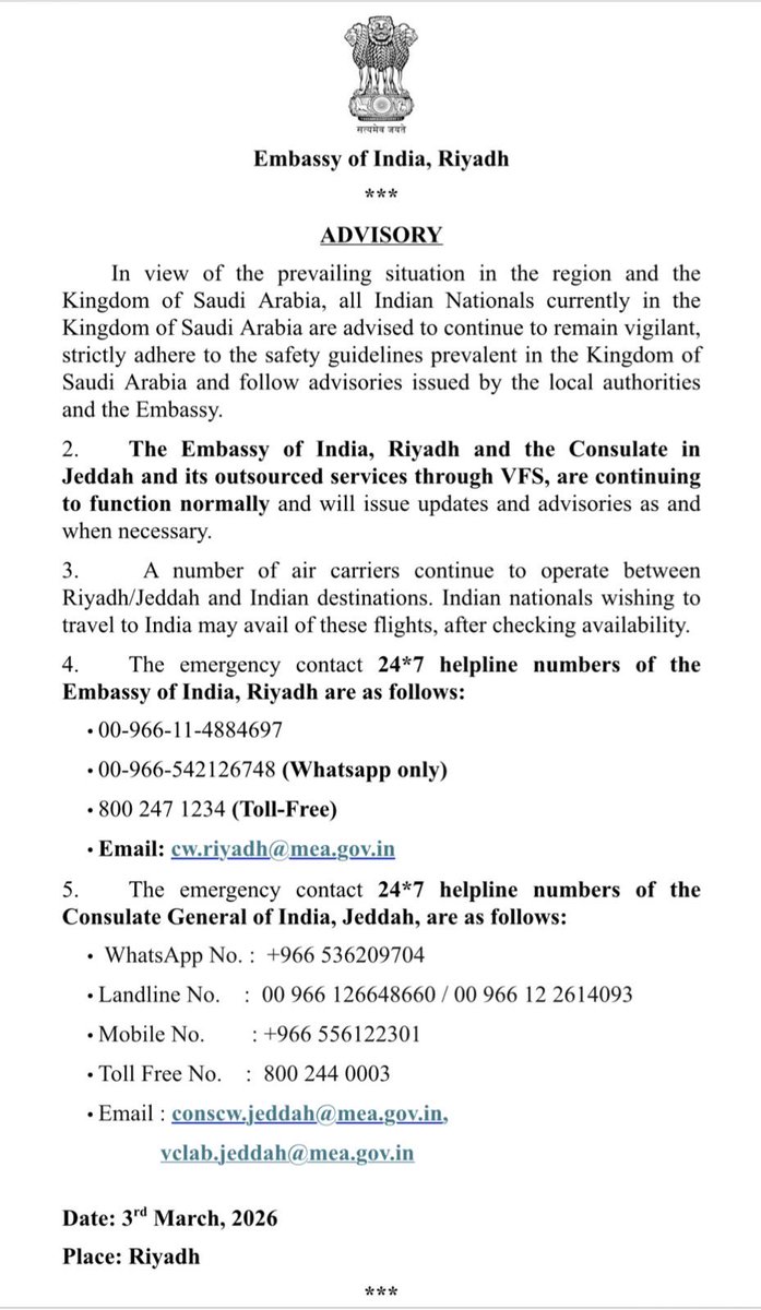 IndianEmbRiyadh's tweet photo. Important Advisory dated 3rd March 2026 https://t.co/RqKnzKlVV0