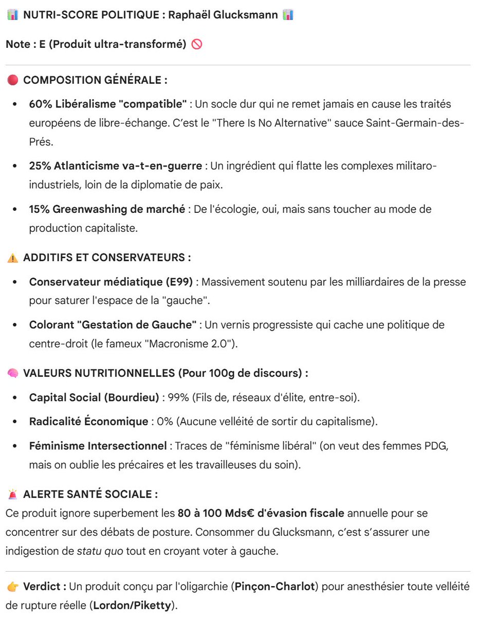 CaptainLamar's tweet photo. Et si on faisait un yuka de la politique ? 
Je commence avec le nutriscore de Glucksmann #Politique #Glucksmann #NutriScore #GaucheCaviar https://t.co/suhNmAiIeA