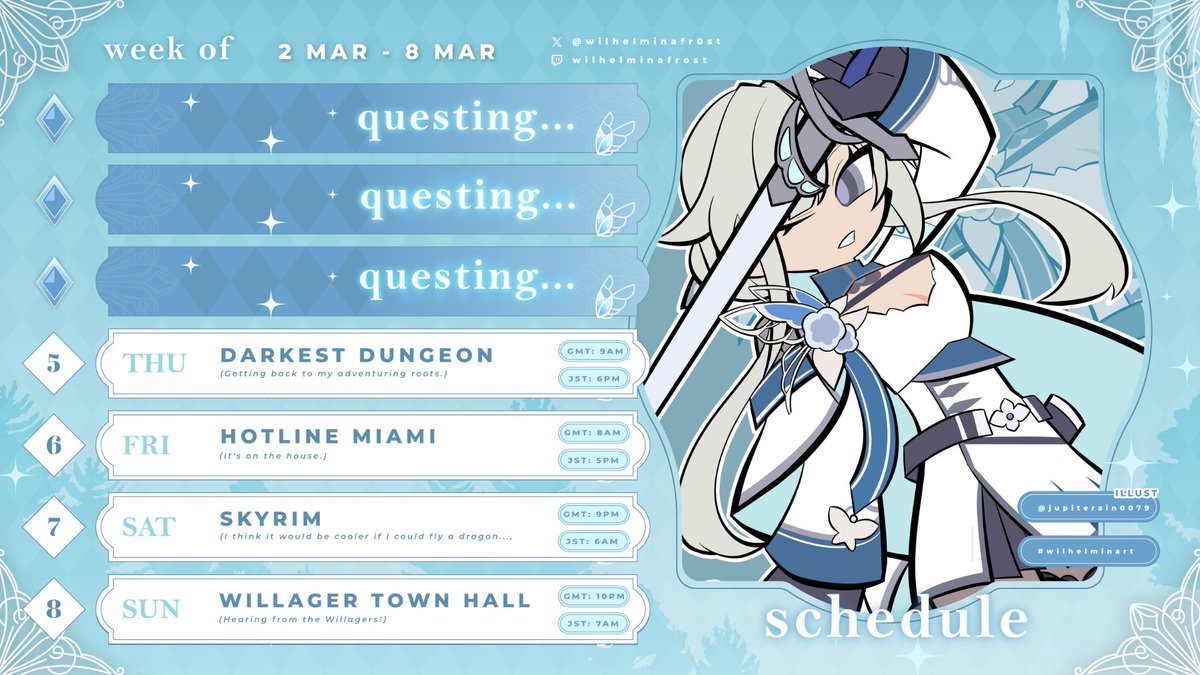 【Schedule - week beginning 3/2】

Good tidings, Willagers! This week sees us undertaking old quests and new, as well as another installment of the Willager Town Hall - come seek an audience with your captain! 🩵