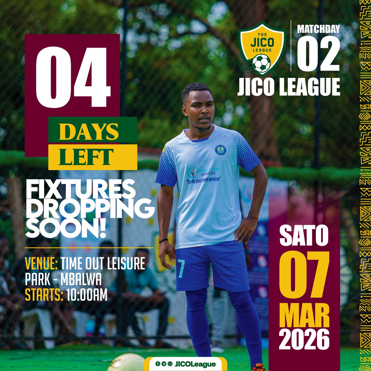 JicoLeague's tweet photo. Fixtures dropping soon 👀
Who do you NOT want your team to face?
📍Time Out Leisure Park, Mbalwa
📅Sato, 7th March 2026
#JicoLeagueSn4 #BackToTurf https://t.co/VVlTp94Lo9