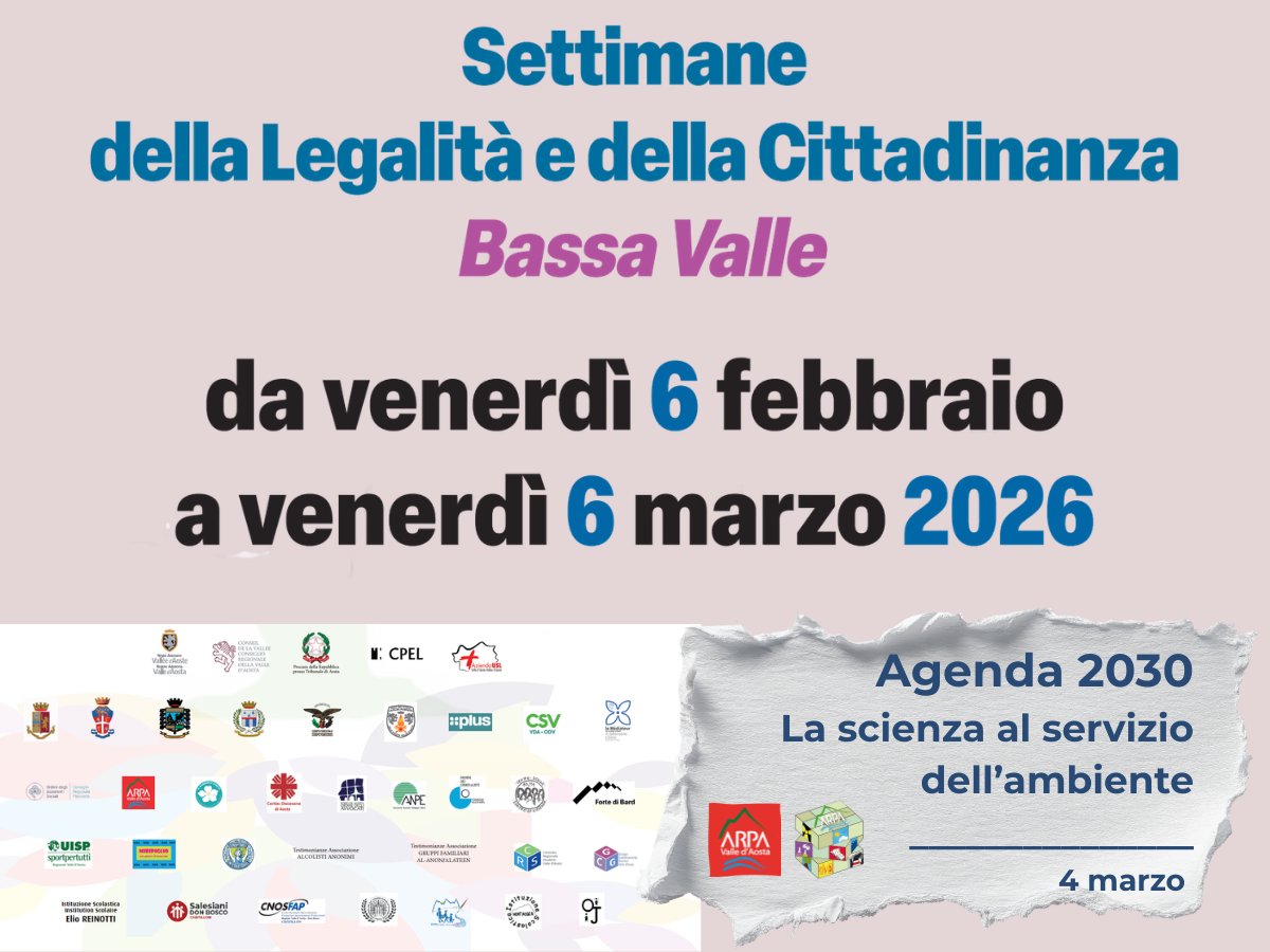 ArpaValledAosta's tweet photo. #SettimaneLegalità
Le Settimane della Legalità e della Cittadinanza Bassa Valle, che hanno preso il via venerdì 6 febbraio e termineranno questa settimana, nascono con l’obiettivo di promuovere, anche attraverso il fare rete, iniziative volte a diffondere la cultura della legalità e del rispetto delle regole.
#agenda2030 
Domani anche ARPA darà il suo contributo proponendo, ai ragazzi e alle ragazze dell'Isiltep di Verrès, attività e giochi finalizzati a conoscere il mondo del laboratorio e della scienza che lavorano al servizio dell'ambiente.