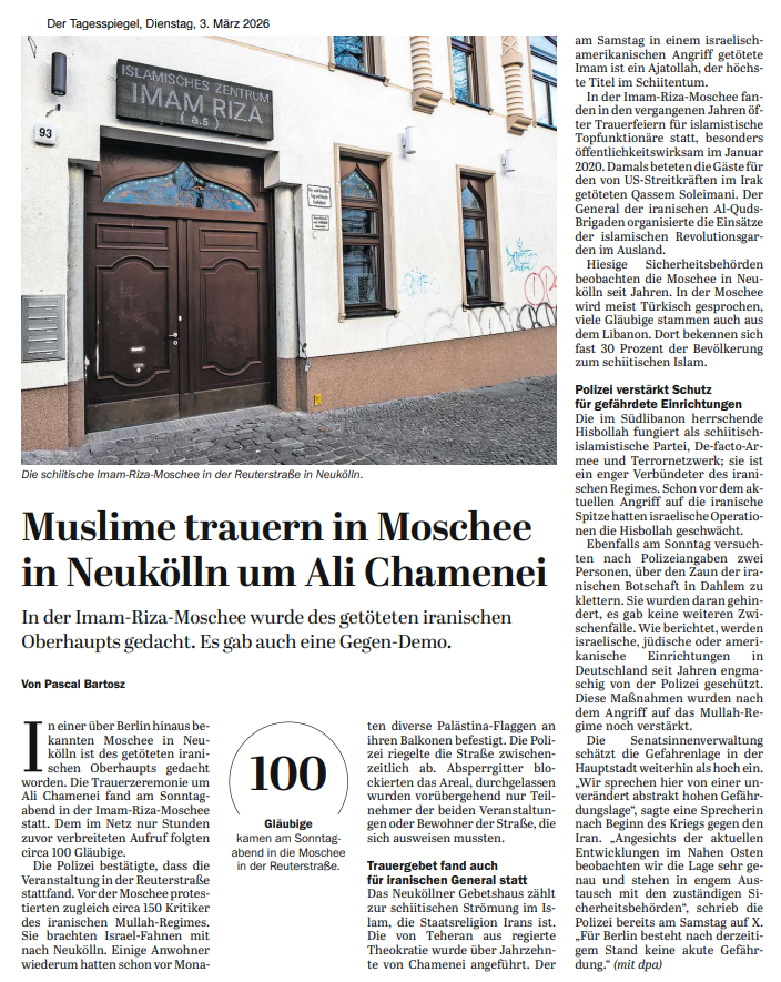 Das iranische Regime hat Einfluss bis in die Herzen deutscher Großstädte. Eine Moschee in Neukölln ist bereits seit 2020 wegen ihrer Verbindungen zu den Mullahs im Visier der Sicherheitsbehörden. Nun gedenkt sie dem  Massenmörder und obersten Kommandeur der Iranischen