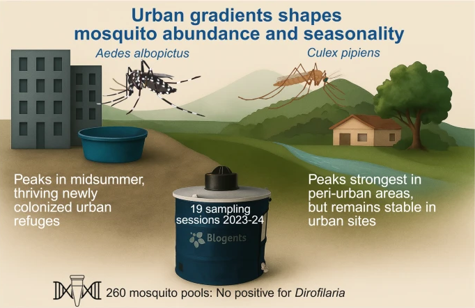 BiogentsAG's tweet photo. Urbanization shapes mosquito populations differently: #Aedes albopictus peaks earlier &amp; more sharply in cities, while #Culex pipiens thrives in peri‑urban areas later in the season.
Data can refine targeted #VectorSurveillance strategies.
📄 https://t.co/QpmL30liey
#UrbanEcology https://t.co/AI0kXhzvsM
