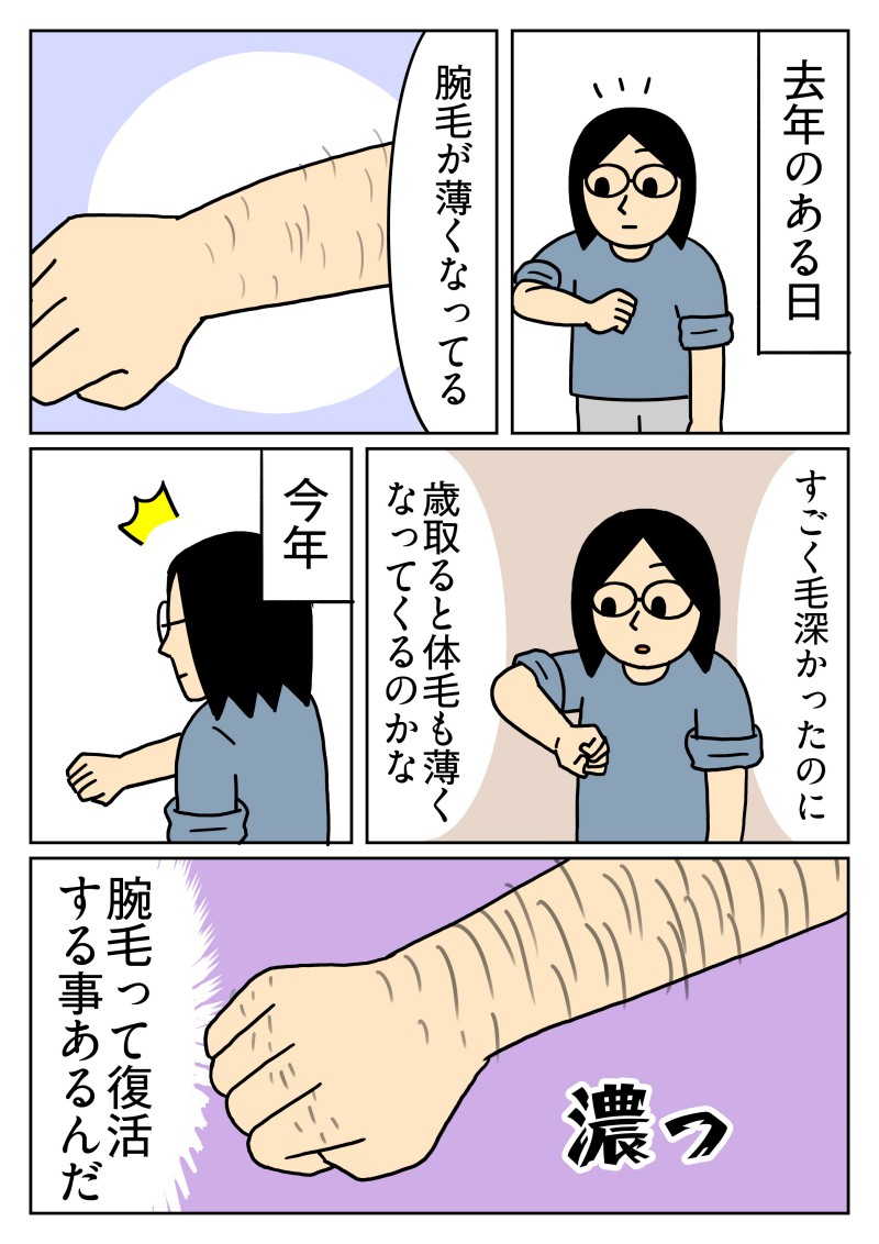 なぜか腕毛の勢いが戻ってきました。
腕毛を頭髪にする技術があればいいのに・・・。
#コミックエッセイ 